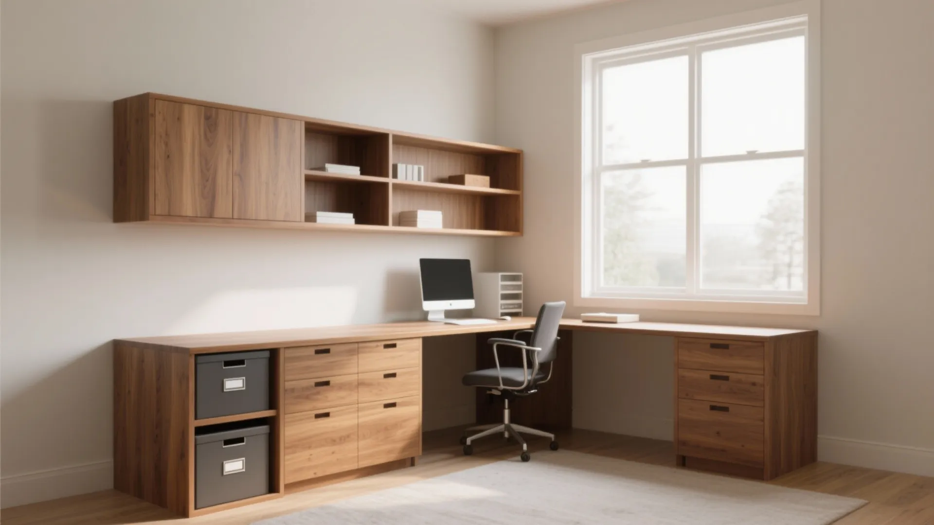 Large wooden corner desk with many storage drawers wall cabinet computer and a black chair