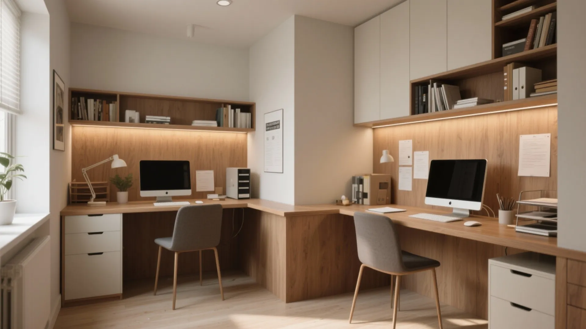 Double workstation with wooden L shaped desk grey chairs white cabinets and warm LED lighting