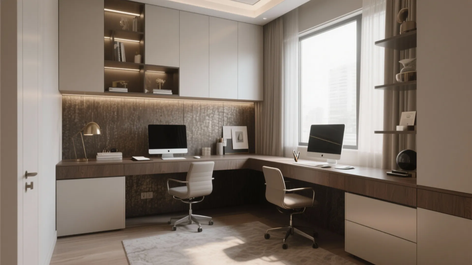 Modern study room with L-shaped wooden desk two computer monitors office chairs and wall cabinets