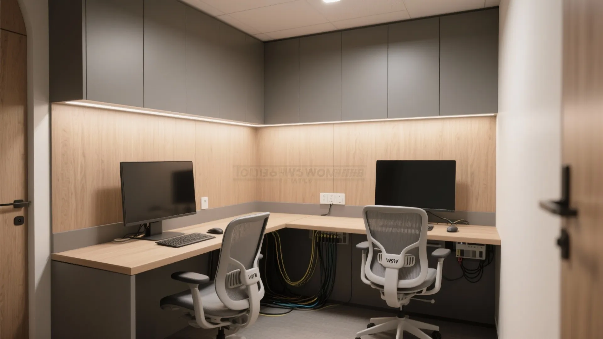 Corner office workspace featuring wooden L-shaped desk with two computer monitors and grey cabinets above