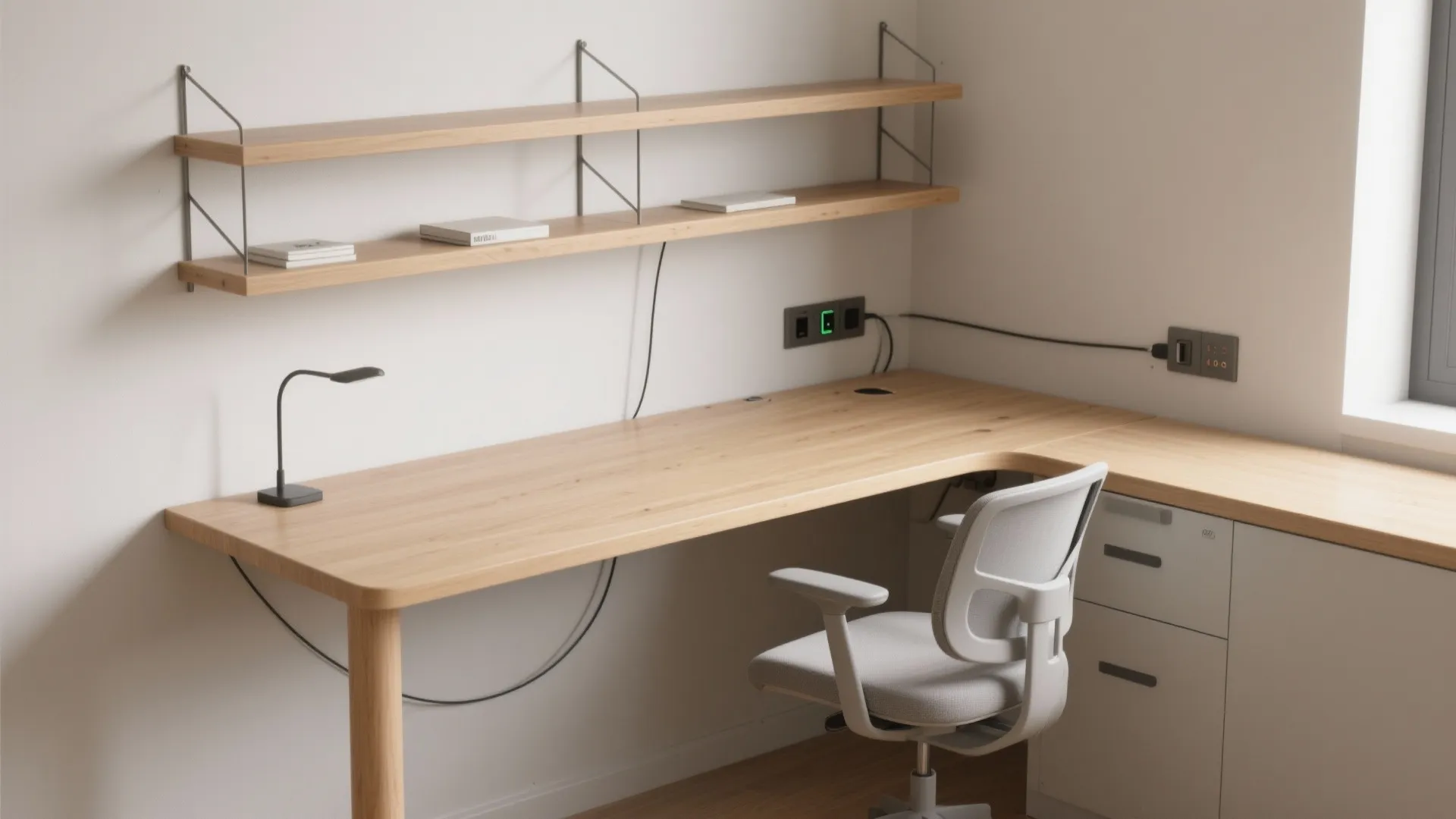 L-shaped desk that fits the wall, not the room