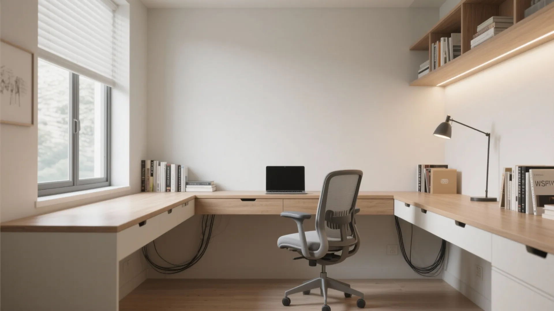 Minimalist study room with large wooden corner desk grey office chair laptop and wall shelves