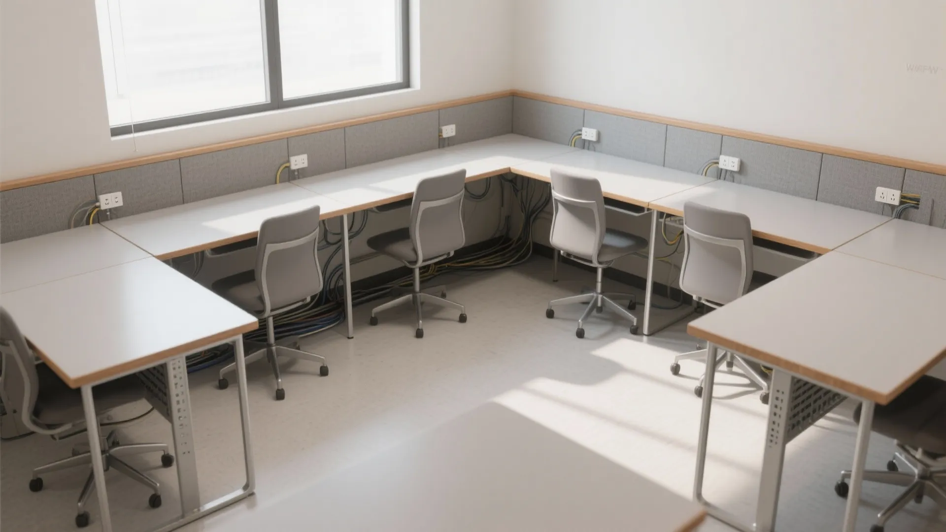 Compact study room with staggered L-shaped desks, thin legs, cable trays, and pop-up power hubs organized in corners.