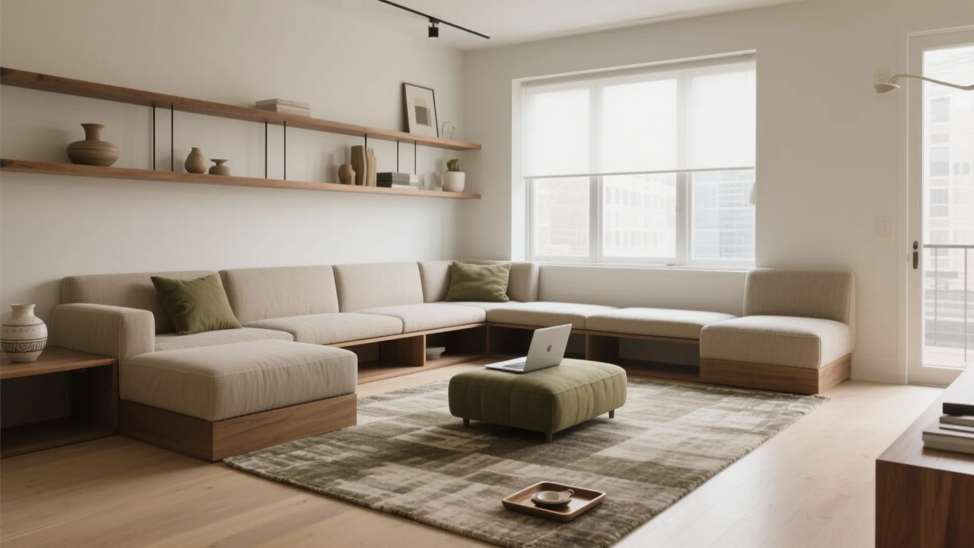 Modern living room with a large beige sectional sofa green pillows wooden shelves and natural light