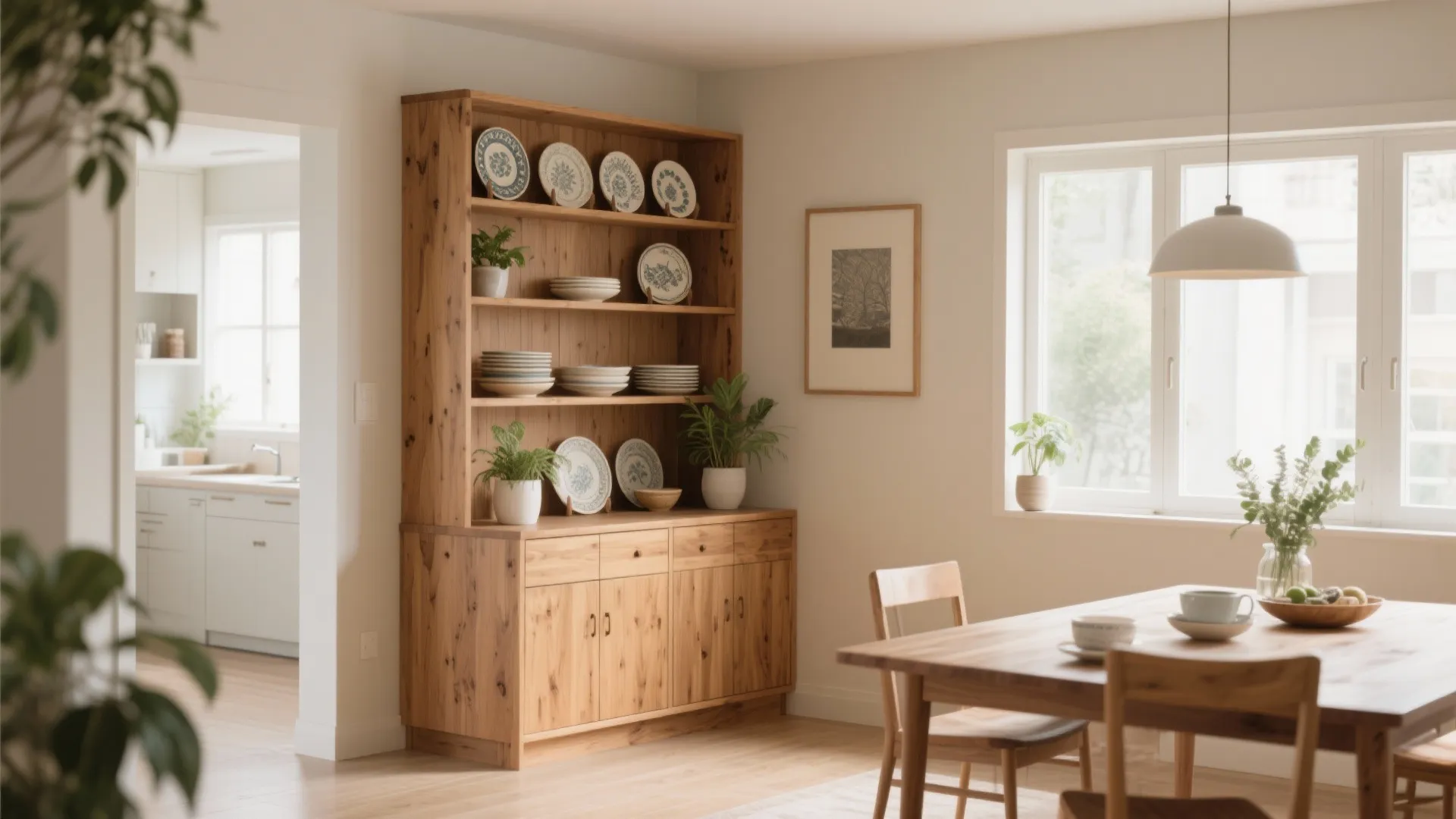 Wooden cabinet with open shelves holding plates and plants next to a wooden dining table