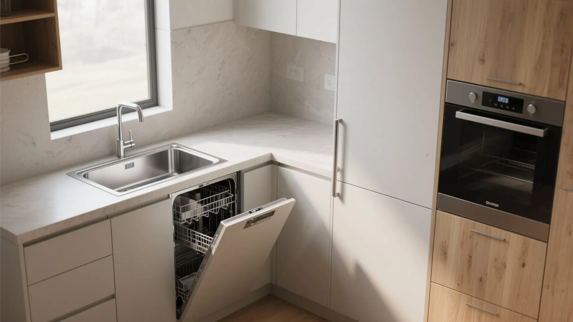 2. L-shaped corner with integrated dishwasher