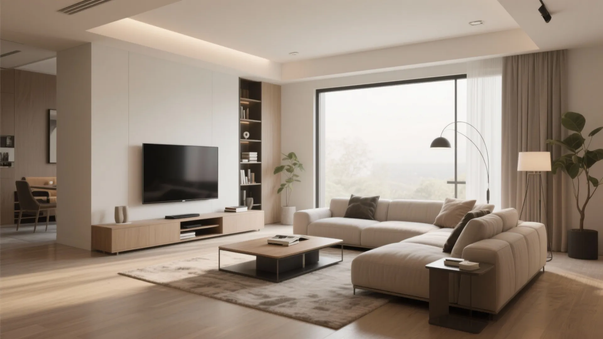Modern living room featuring white corner sofa wooden coffee table television and large bright floor windows