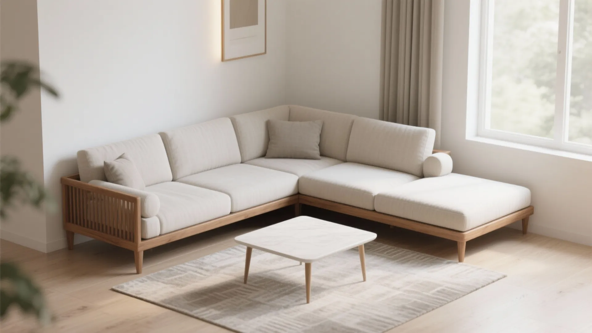 Modern L-shaped beige sofa with wooden frame on rug next to small white coffee table