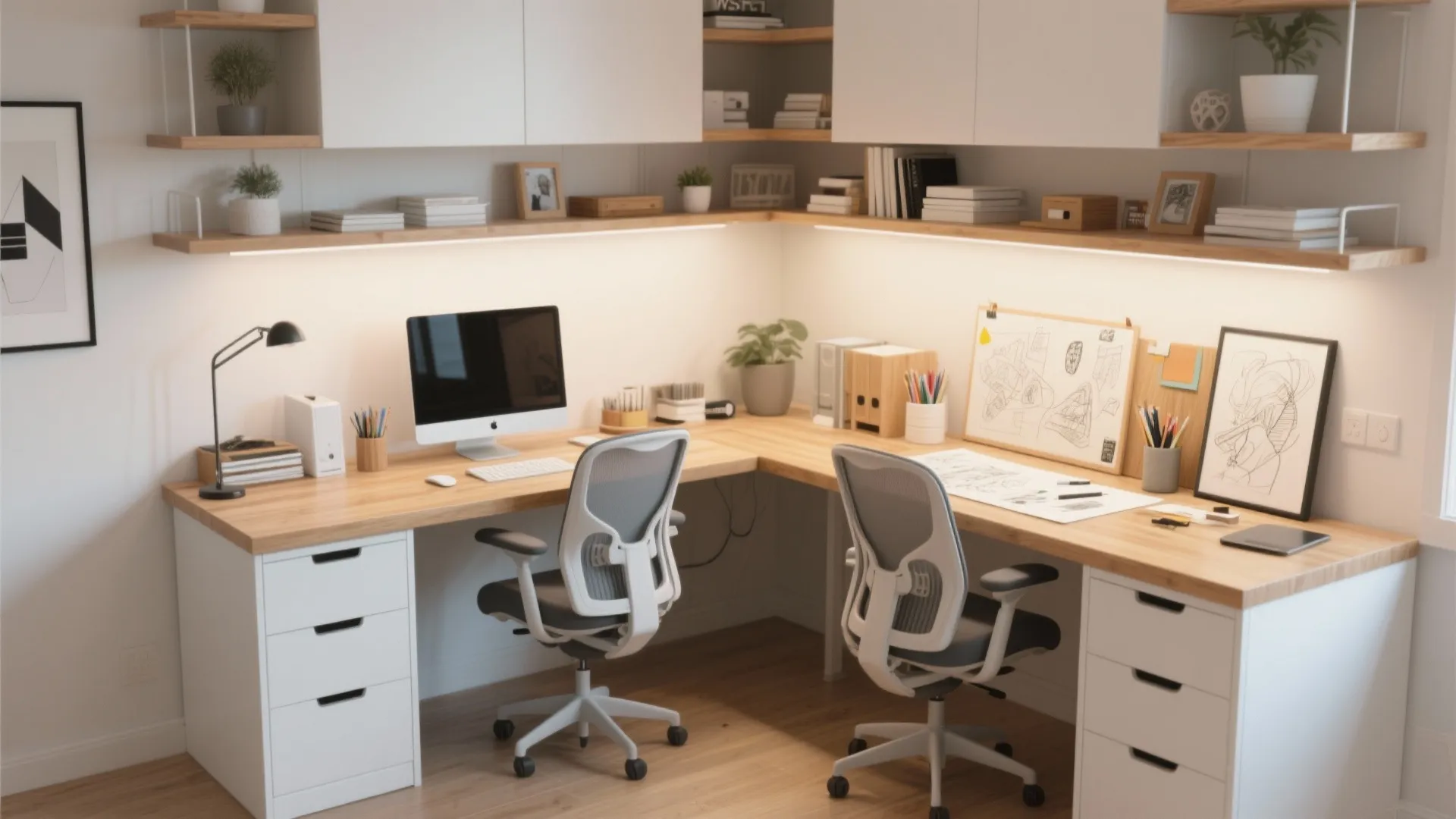 L-shaped double desk for two types of work in home office