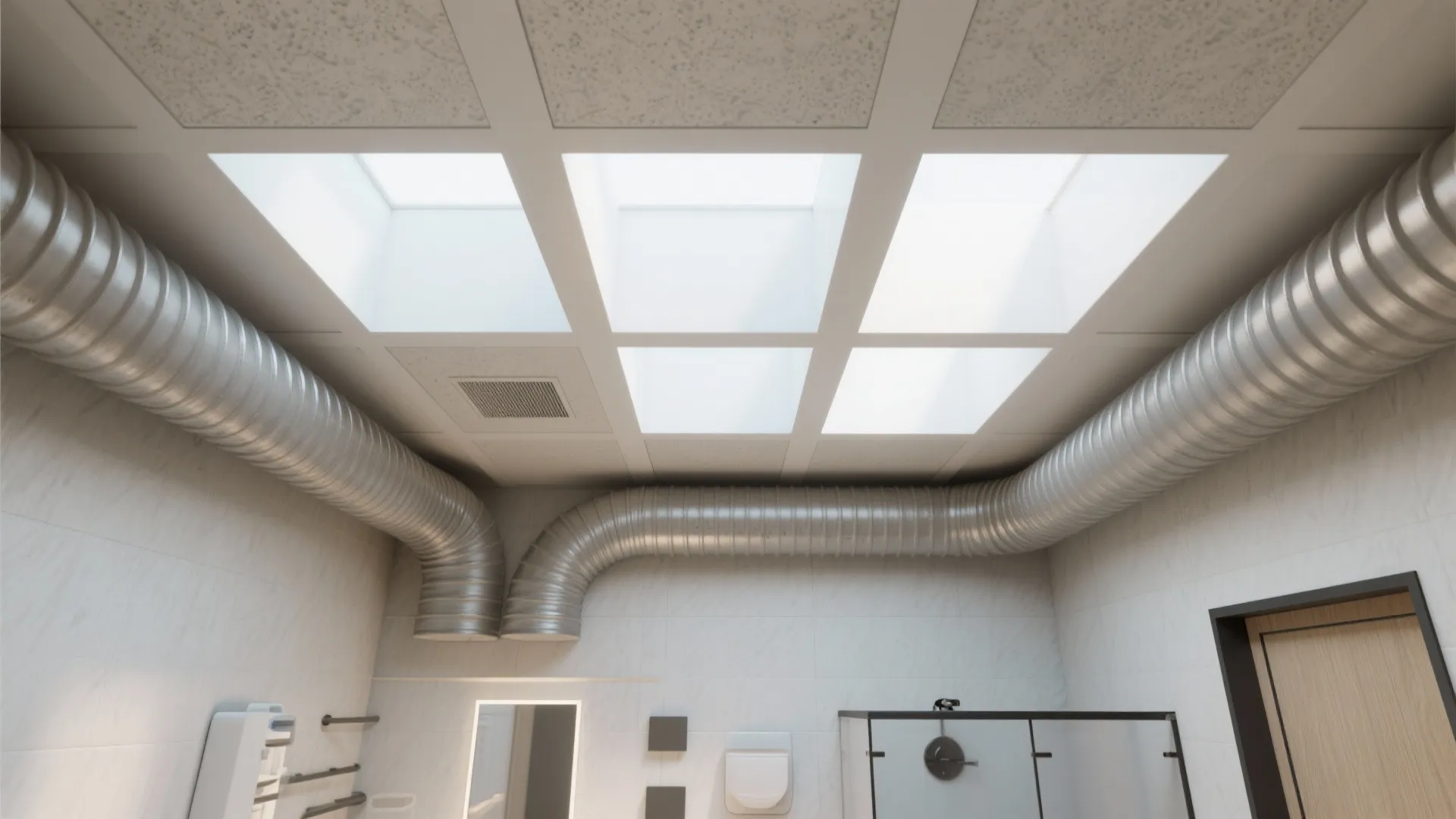 Silver metal air ducts installed on a white ceiling with square skylights in a bathroom