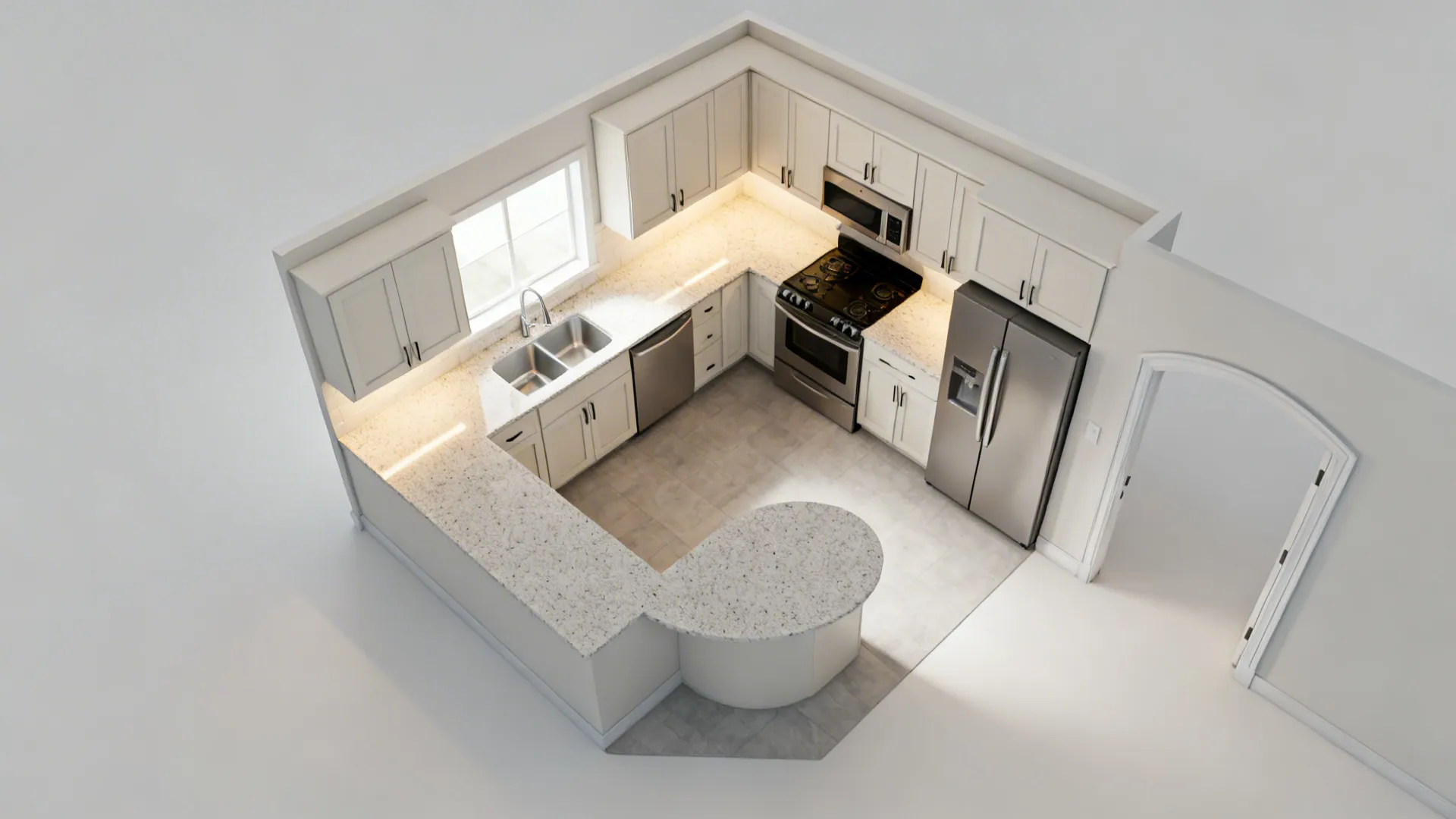 L-shaped 5 x 8 kitchen with clear work triangle and continuous counters.