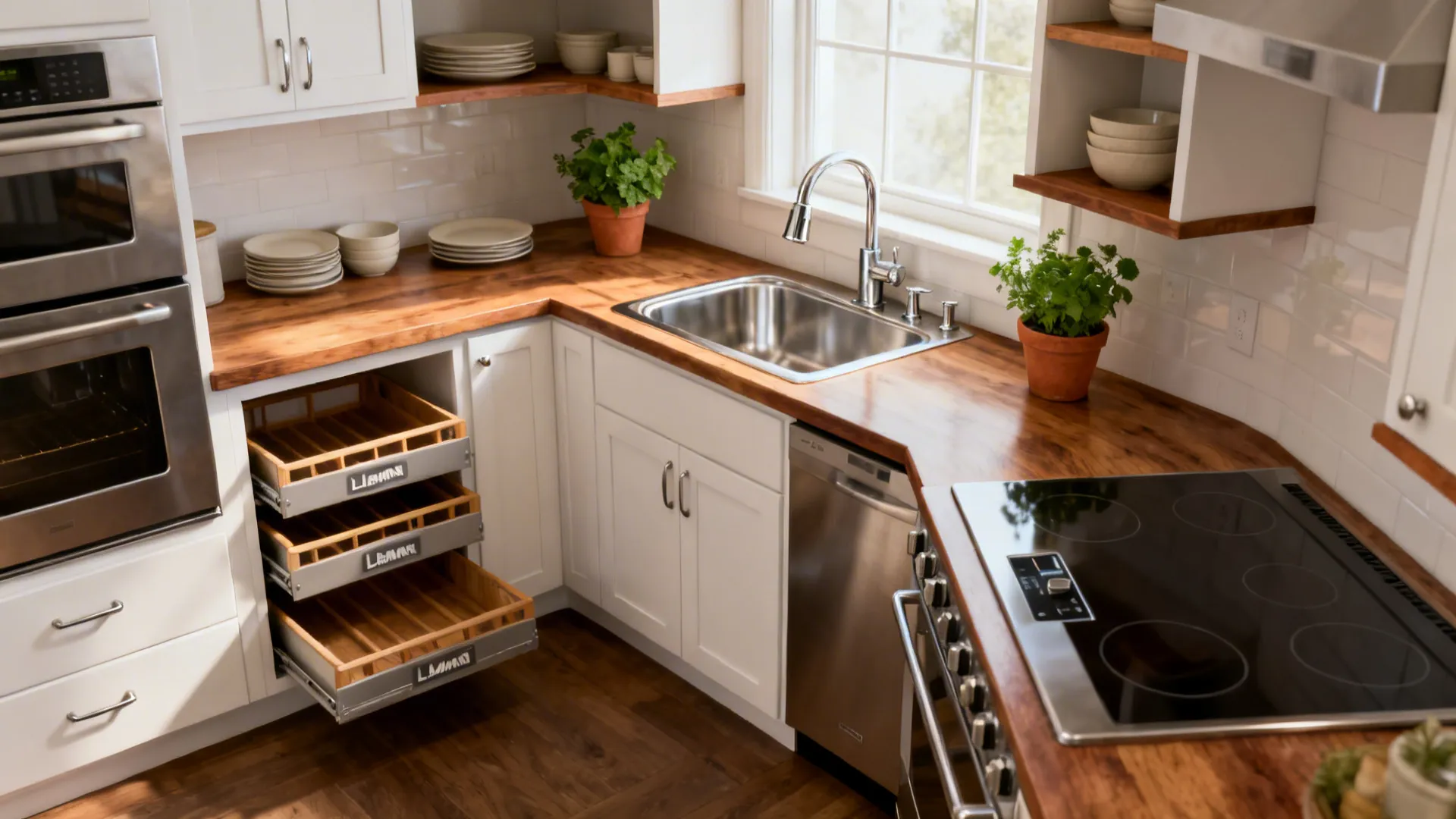 Compact L-shaped kitchen with rotated sink, corner solution, and clear landing zones in soft daylight.