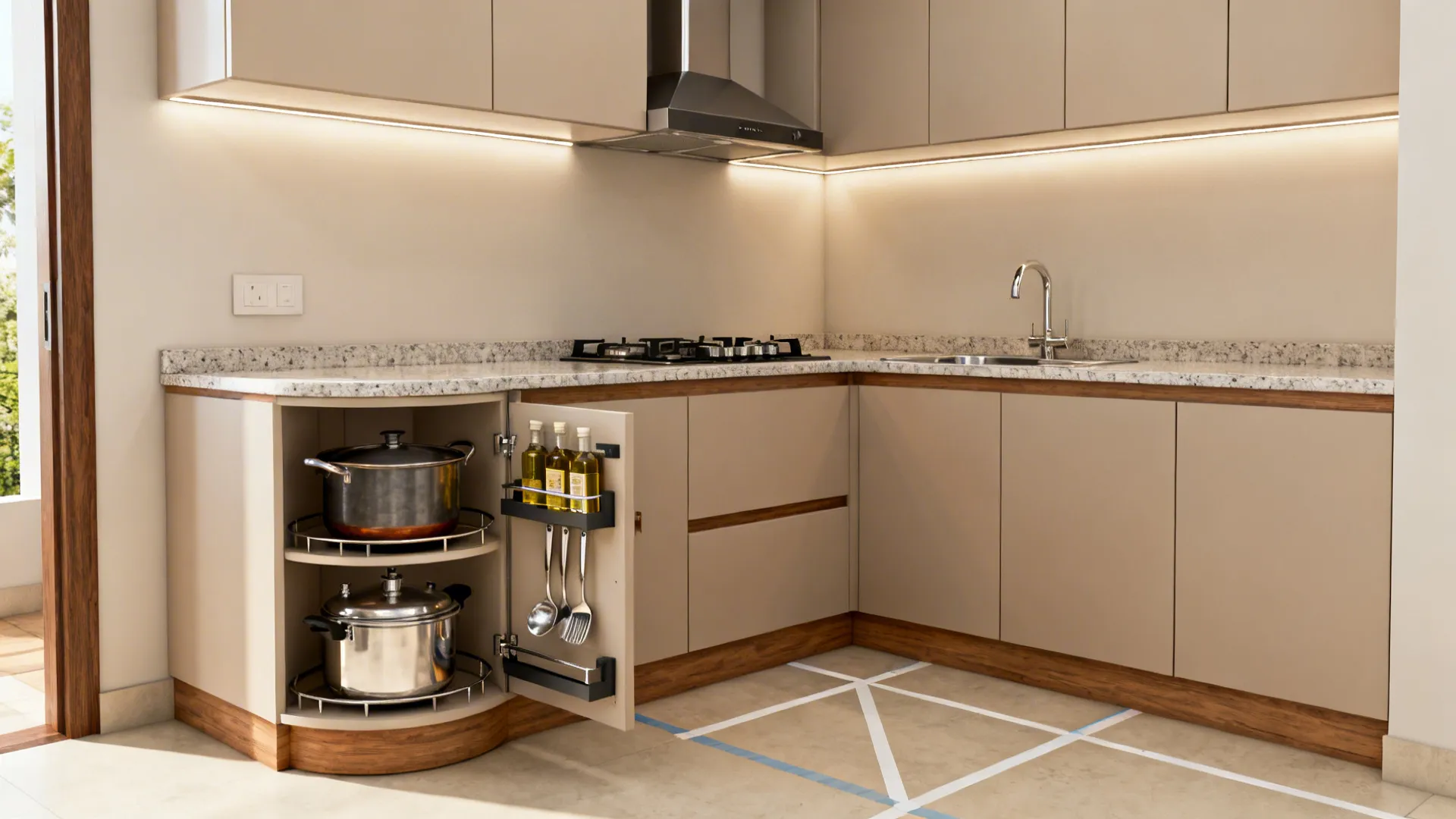 Compact L-shaped kitchen with corner carousel and a slim pull-out beside the hob.