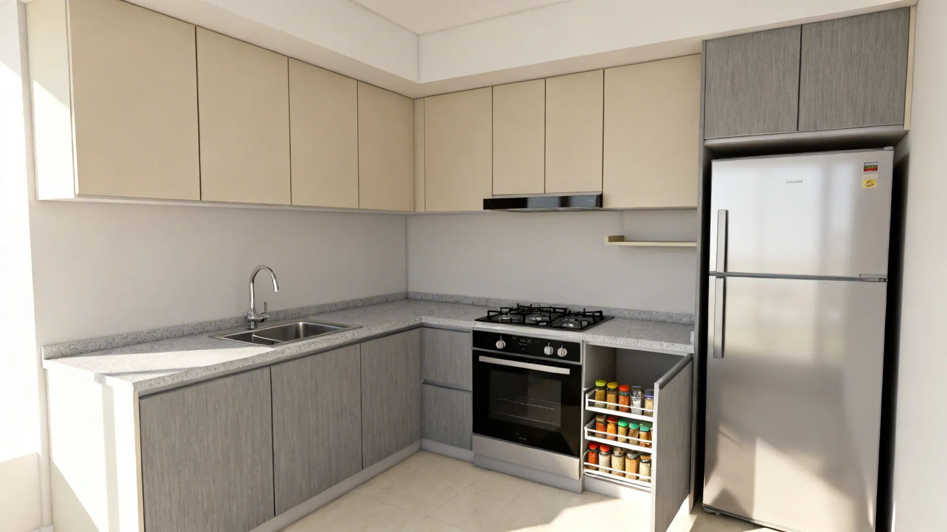 L-shaped kitchen with clear work triangle, pull-out spice unit, and open corner shelf.