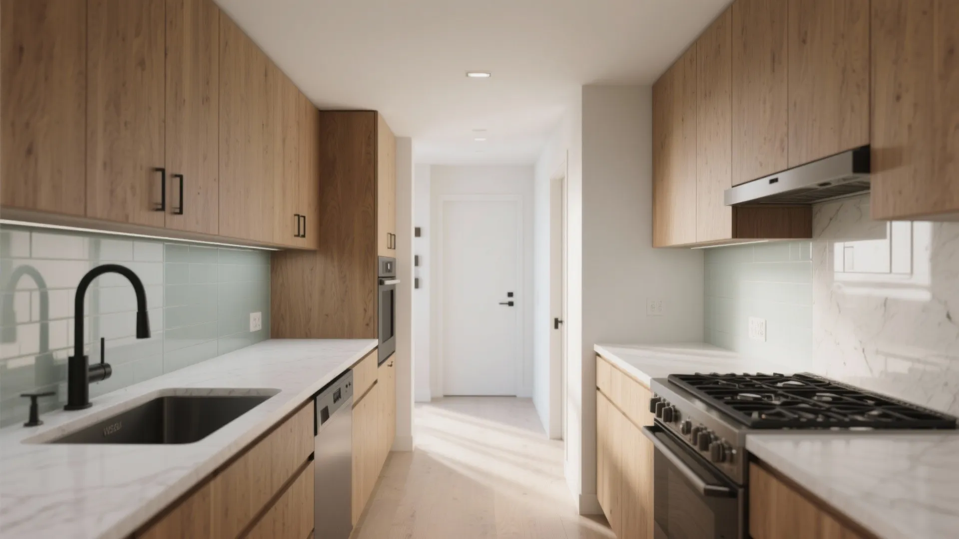 3) L-shaped small kitchen with clear egress