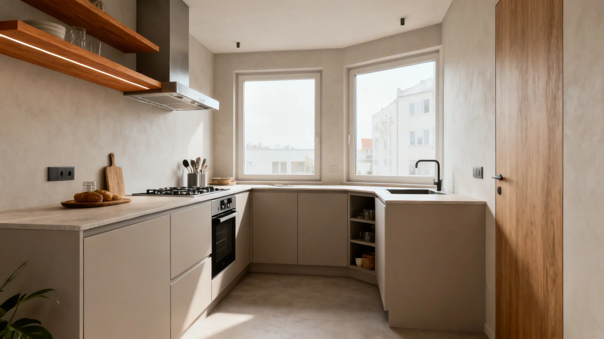 Compact L-shaped kitchen elevation with continuous counter and aligned datum lines.