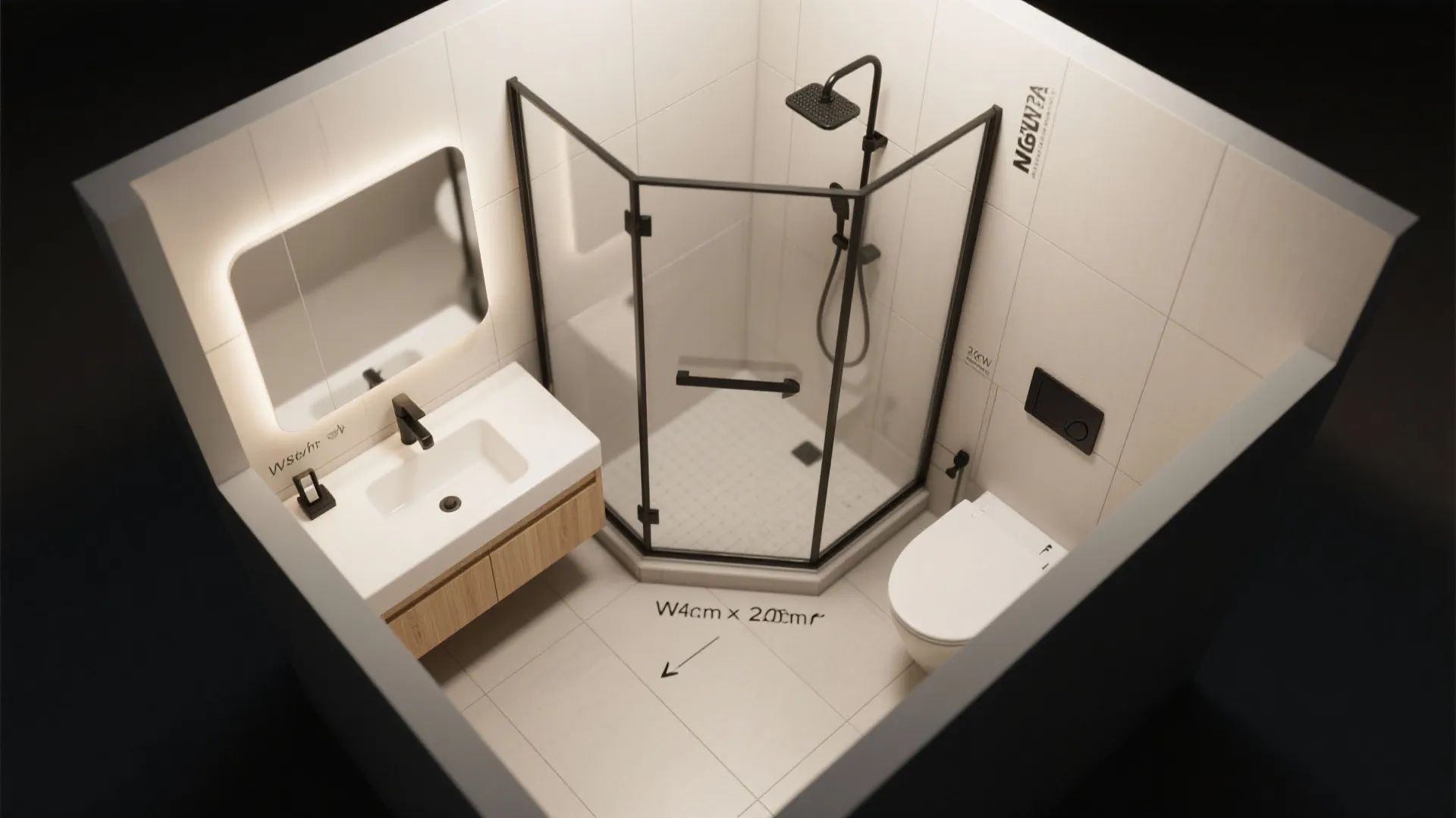 Interior design drawing showing top view of bathroom with shower glass door toilet and sink