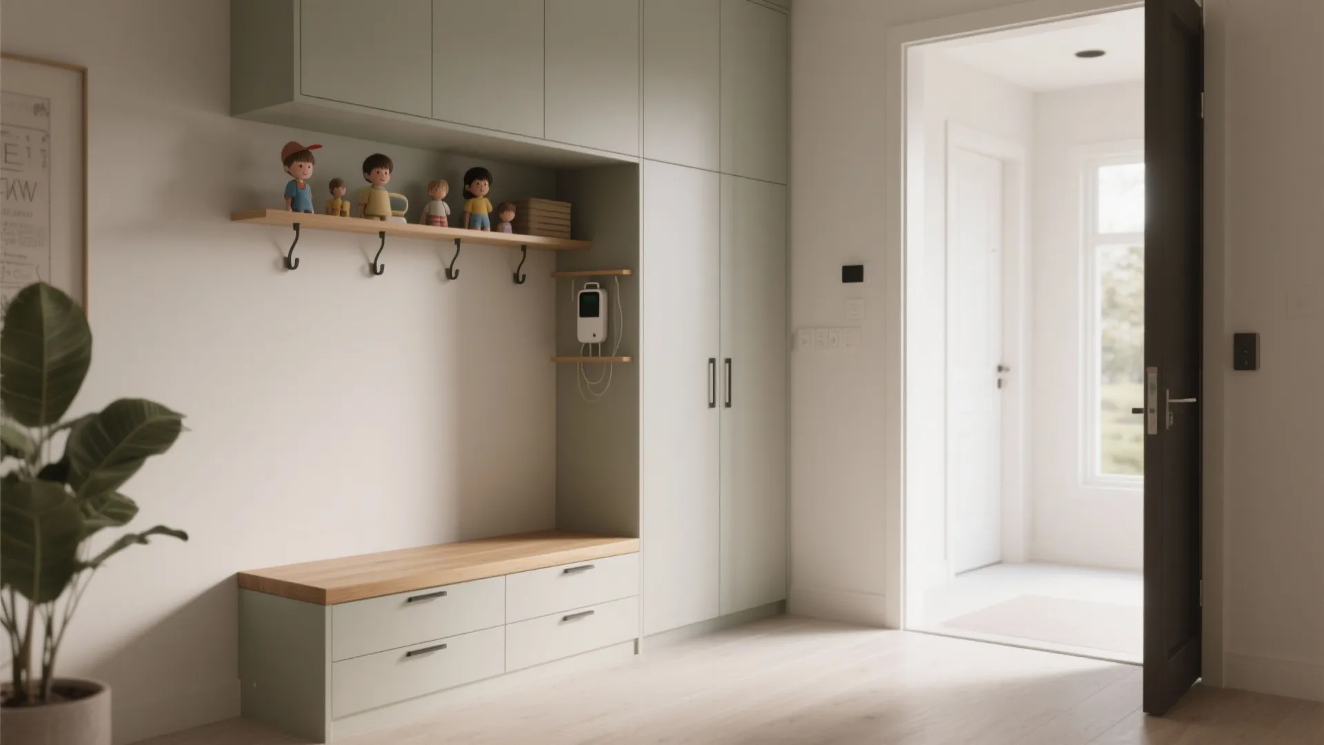 L-shaped entry built-in with bench and vertical lockers