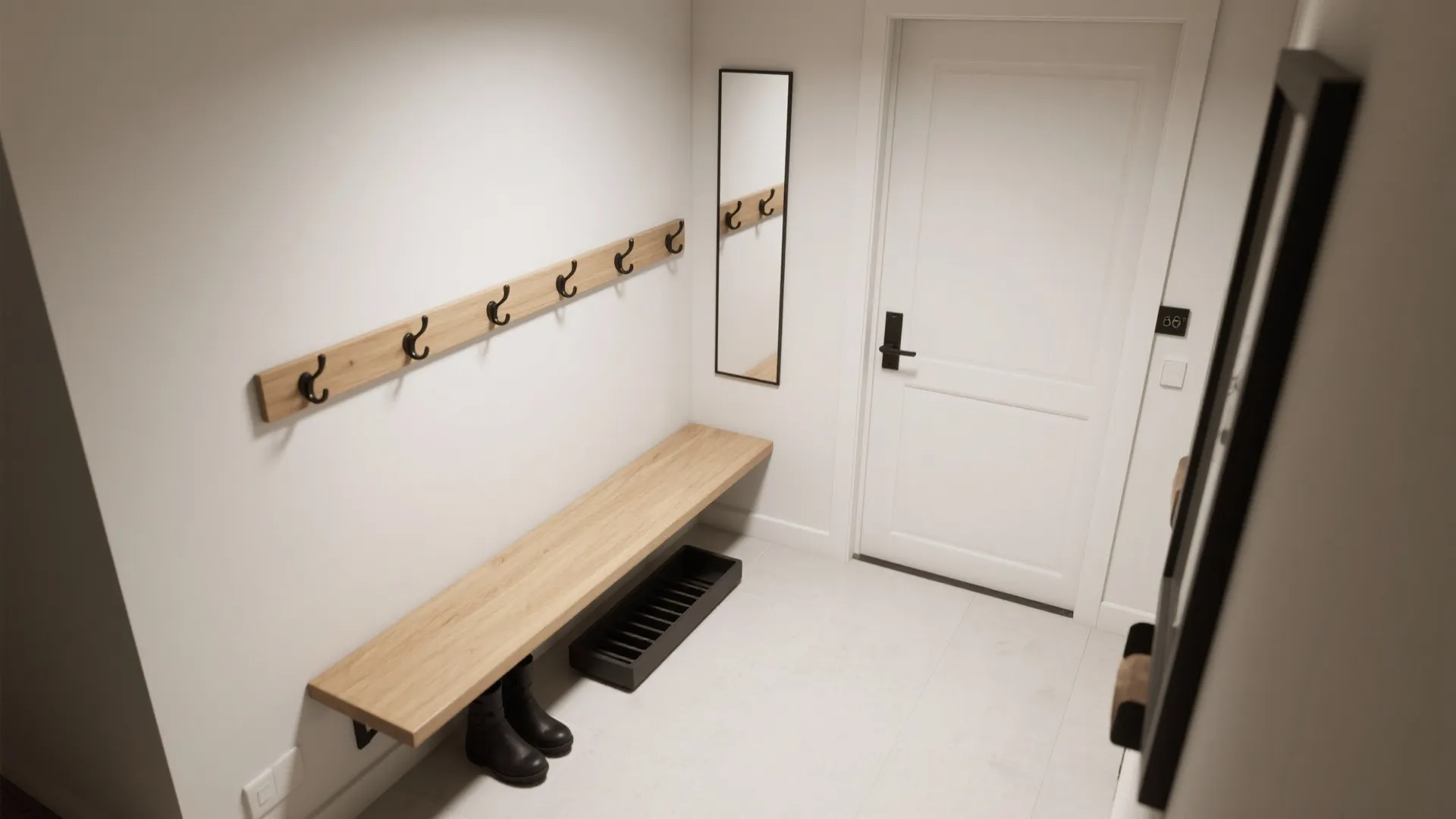 Minimalist entryway with white walls wooden bench black wall hooks mirror and white front door design