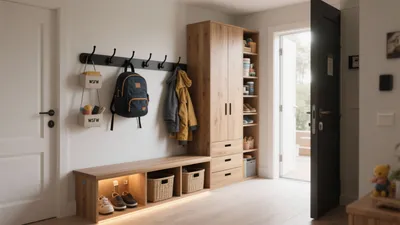 Organized Entryway with Wooden Storage & LED Lighting