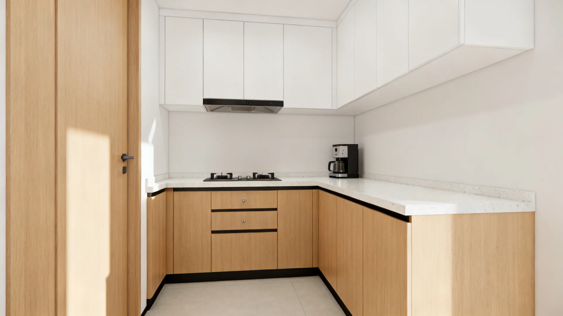 Compact L-shaped kitchen with long continuous counter and efficient layout.