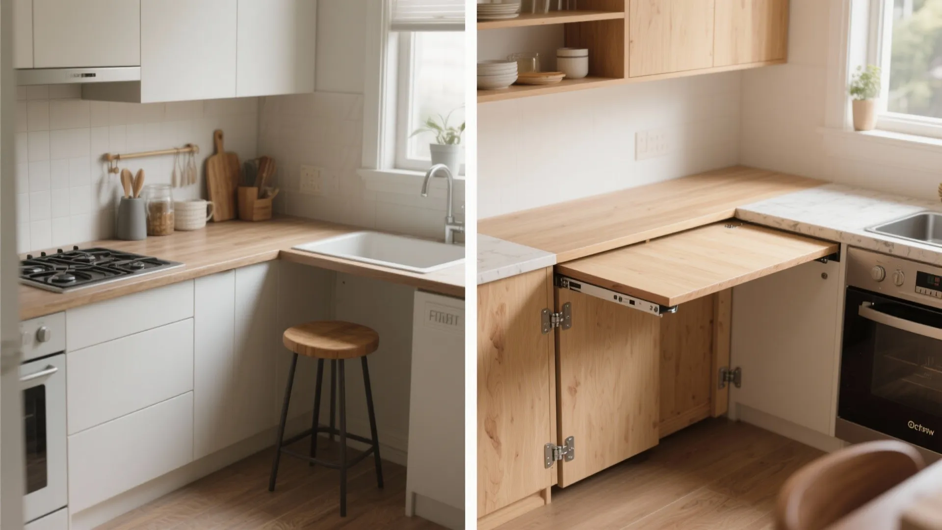 Before-and-after comparison showing a small white kitchen versus a kitchen with pull-out wooden counter extension