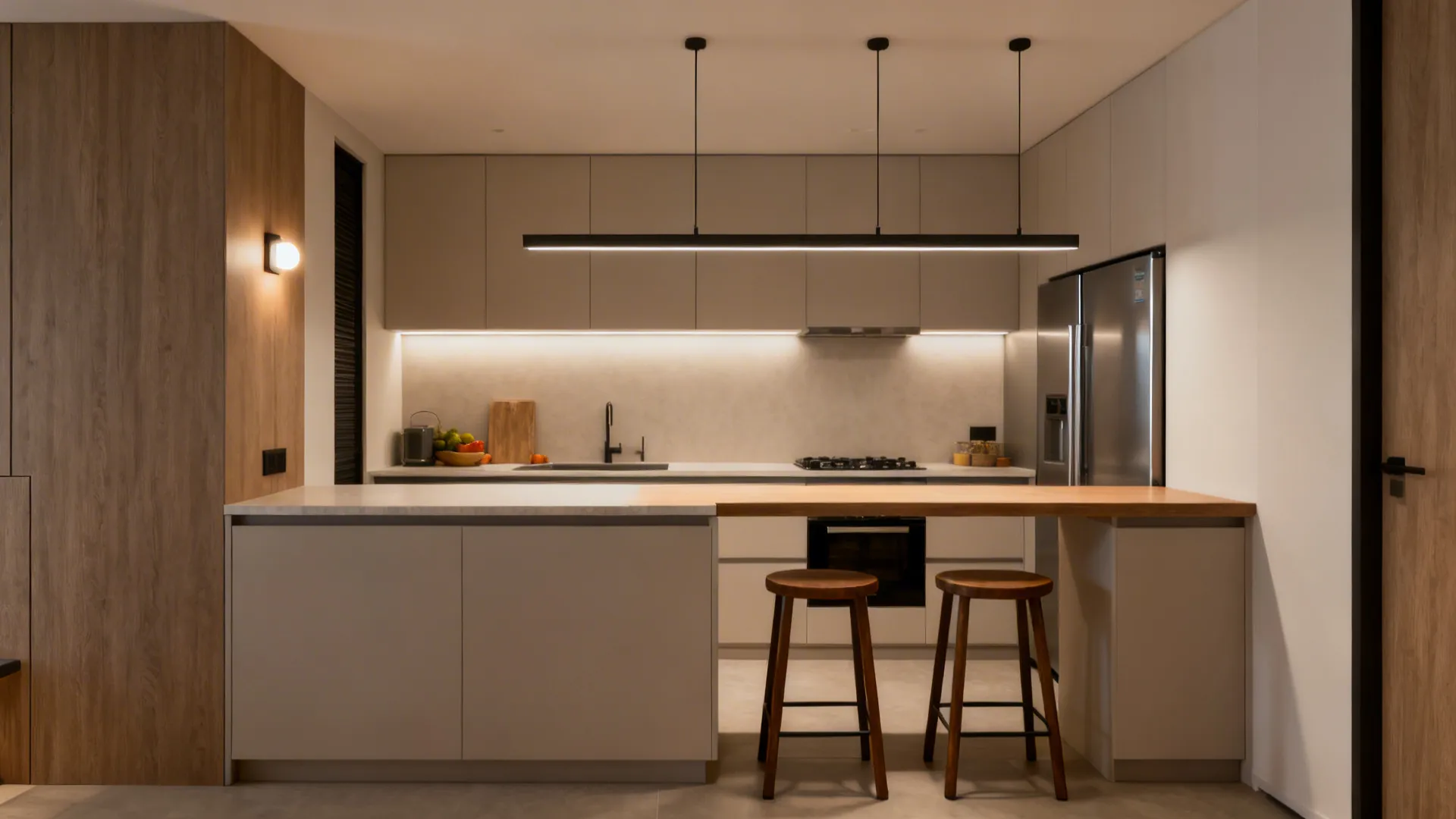 Compact L-shaped breakfast bar with shallow return, two stools, and layered lighting.