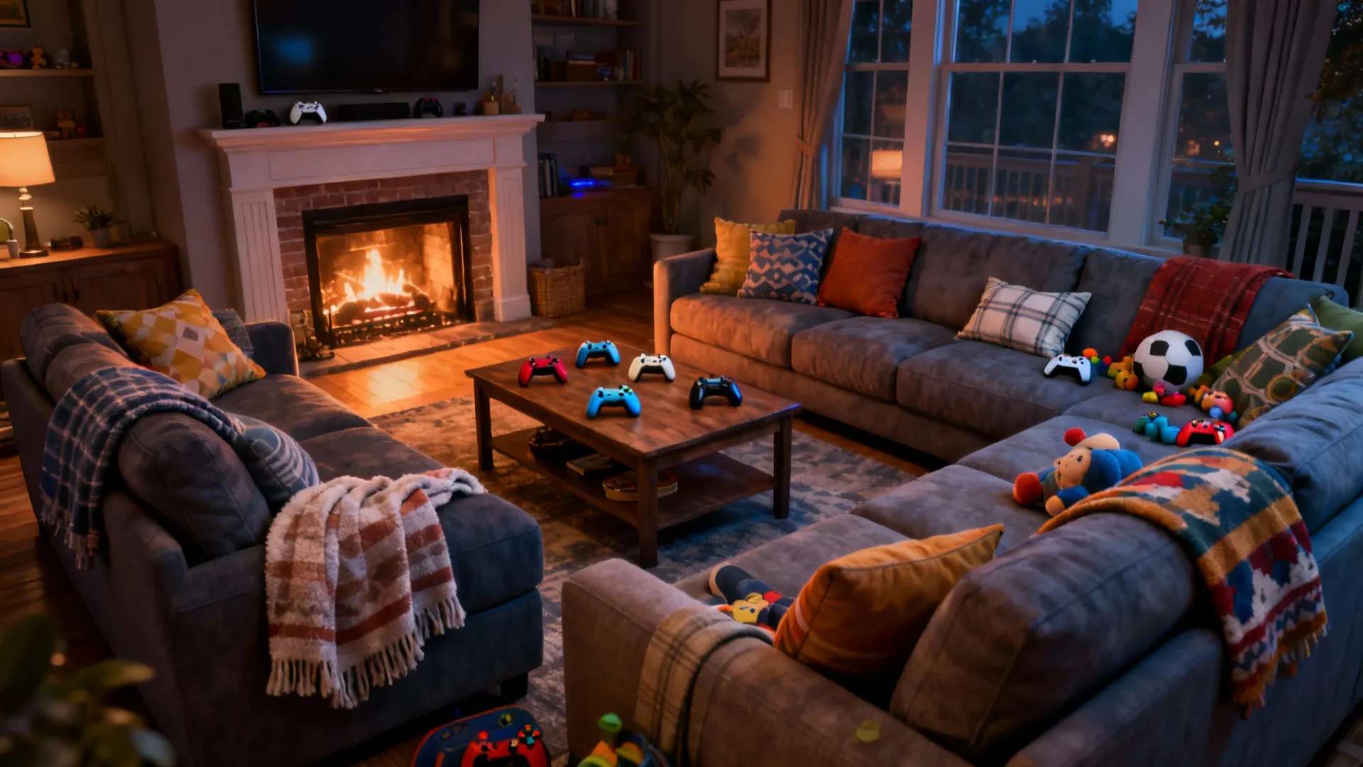 Cozy living room with grey sofa fireplace game controllers coffee table and warm evening lighting