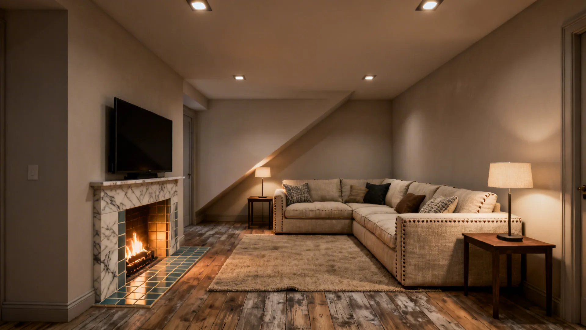 Narrow living room with L-shaped sofa anchored to a corner fireplace and TV on a side wall
