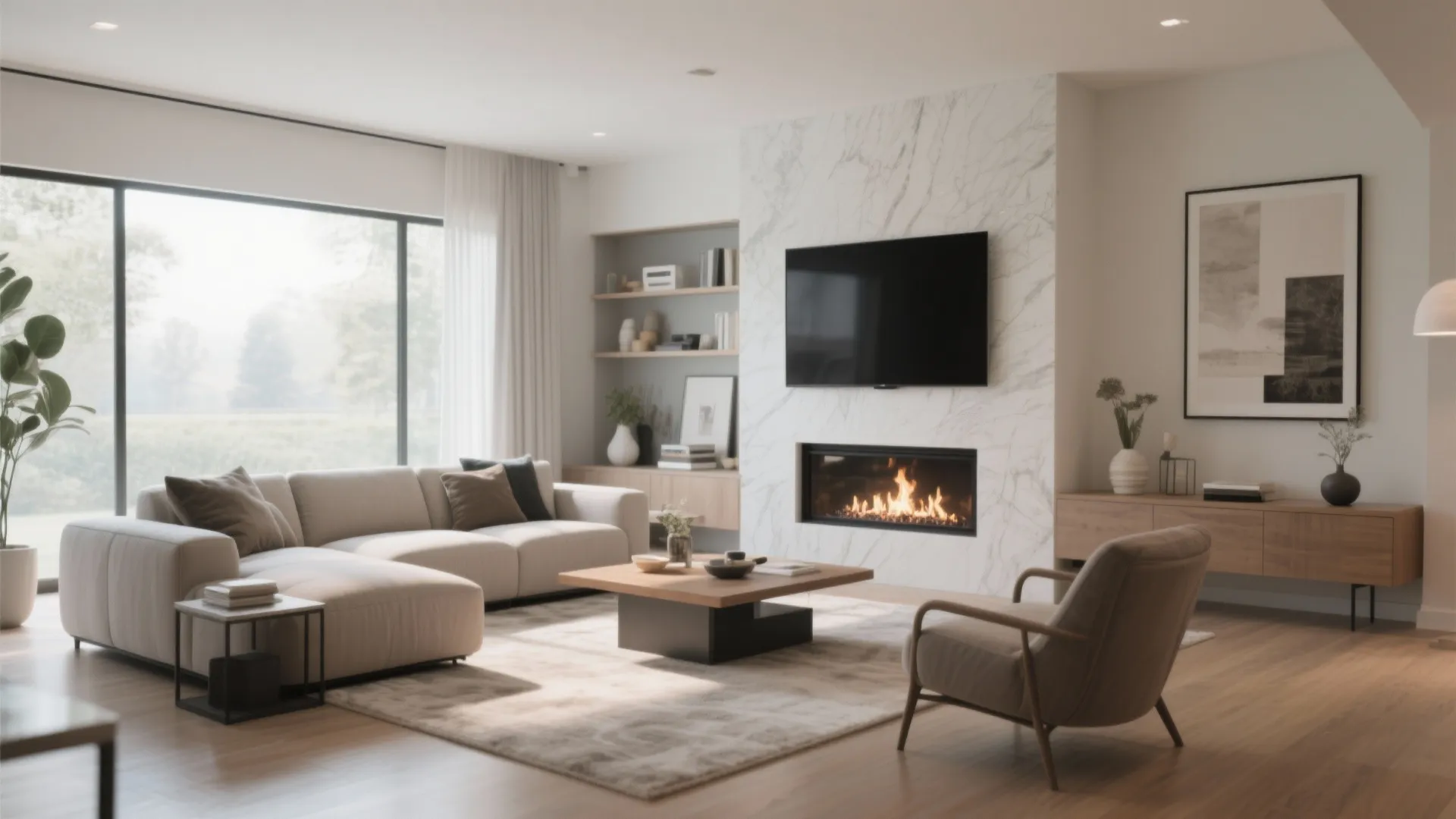 8. L-Shaped Arrangement Facing Fireplace and TV