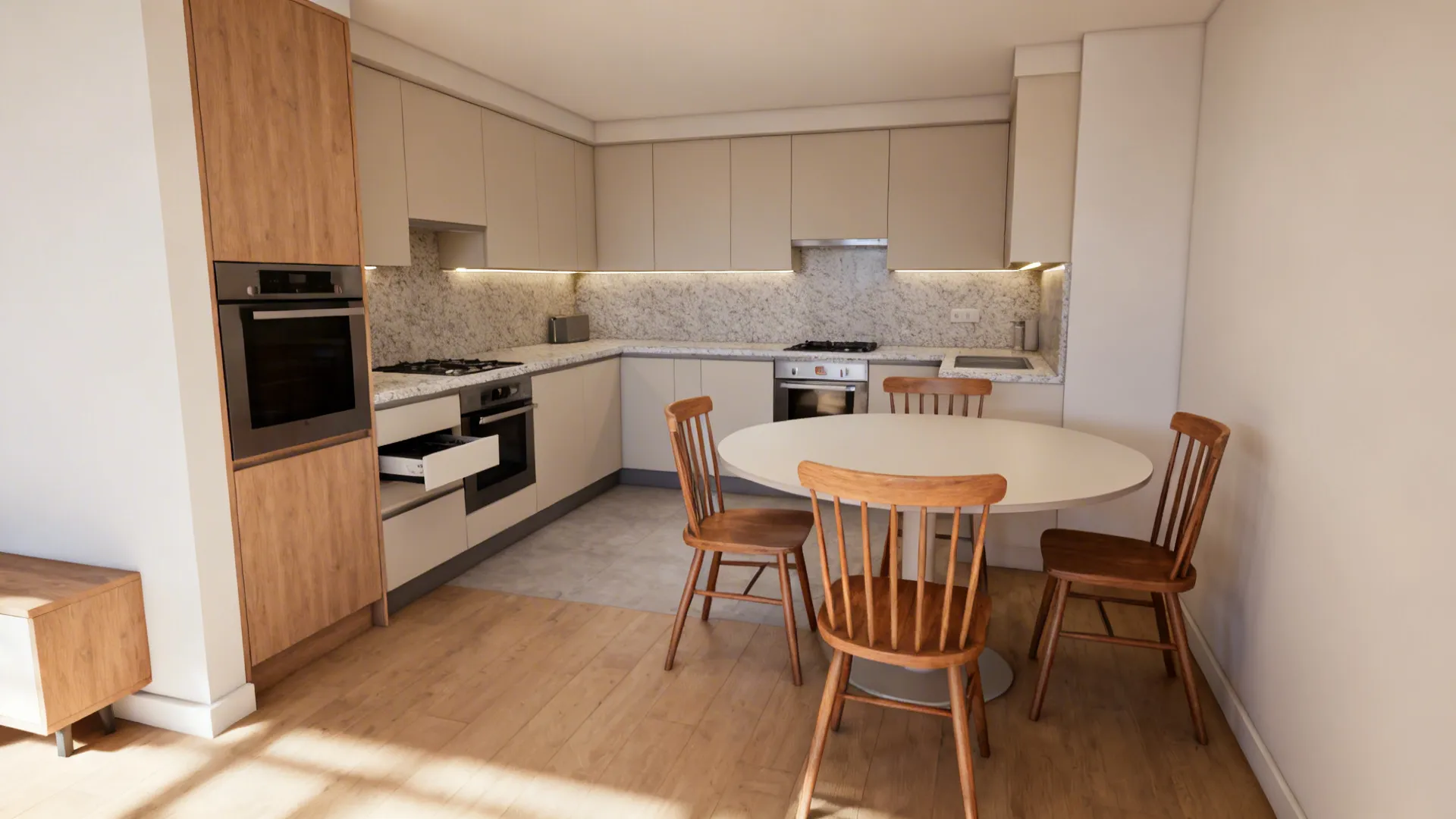 L-shaped kitchen with a rotated round dining table and clear circulation.