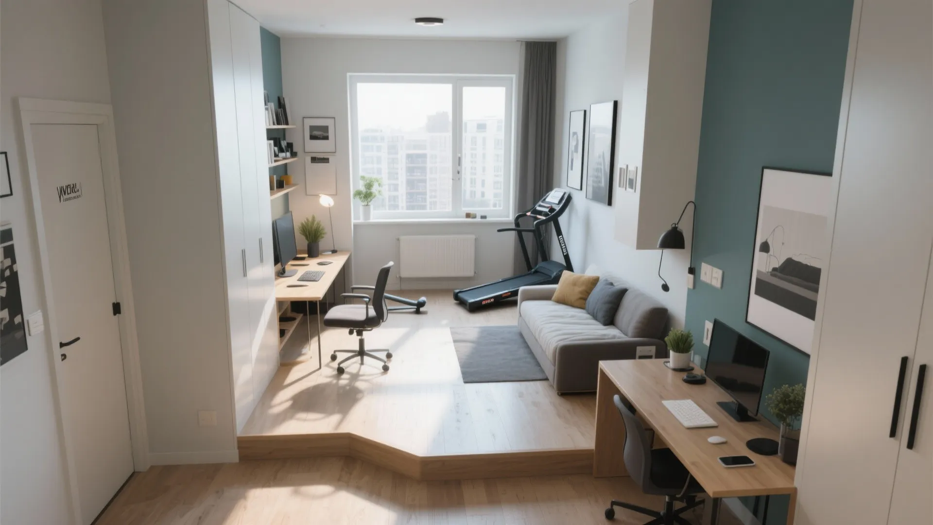 Modern home office and gym area with two desks a small sofa and treadmill equipment