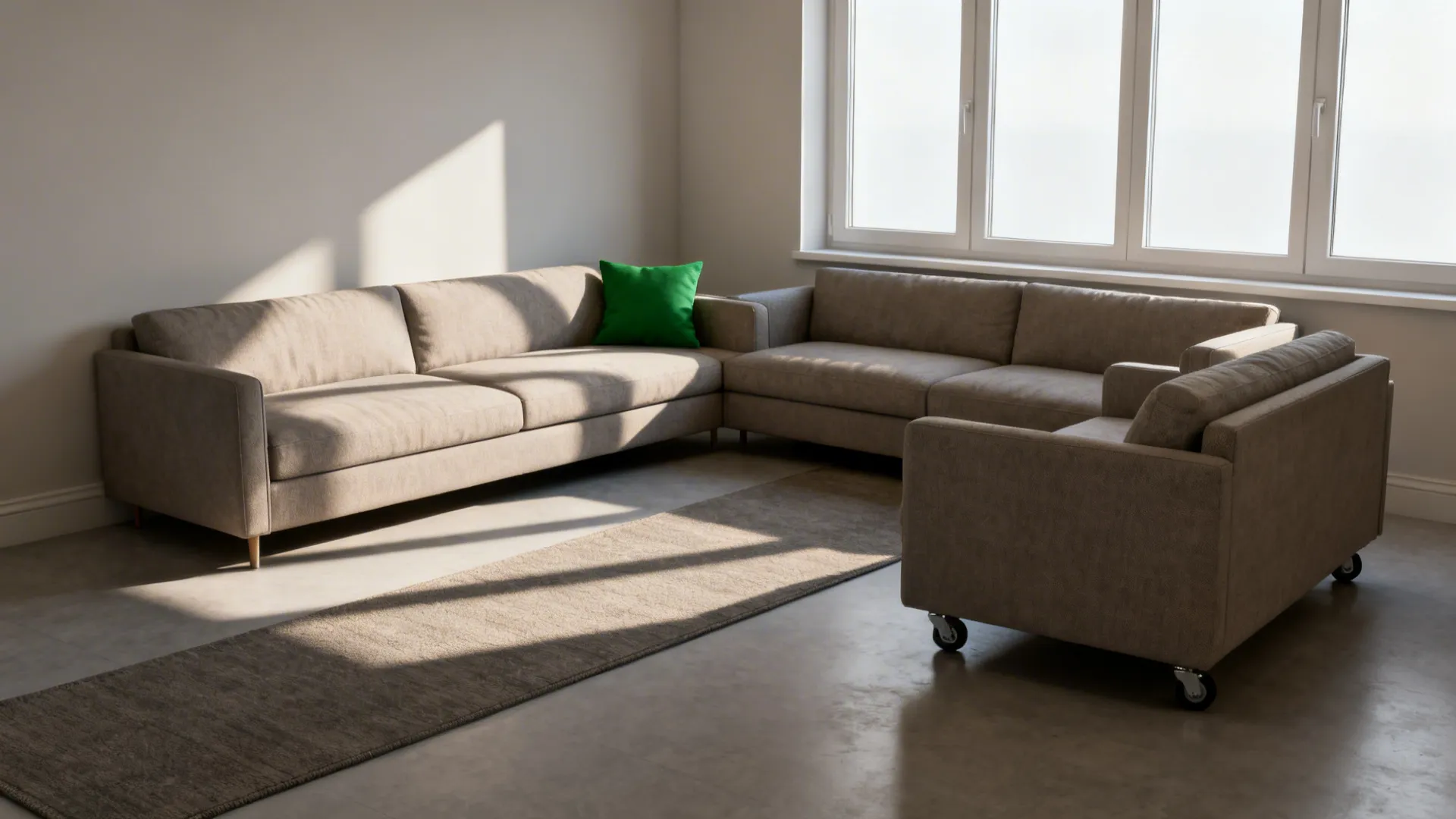 L-shaped seating with a sofa against the wall and a floated loveseat creating a clear walkway.