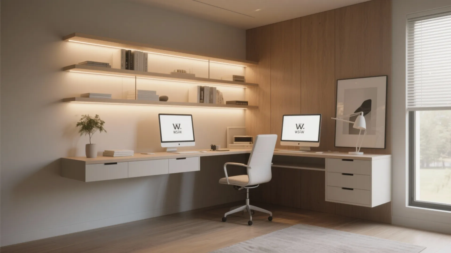 4. L-Shaped Floating Desk and Shelving
