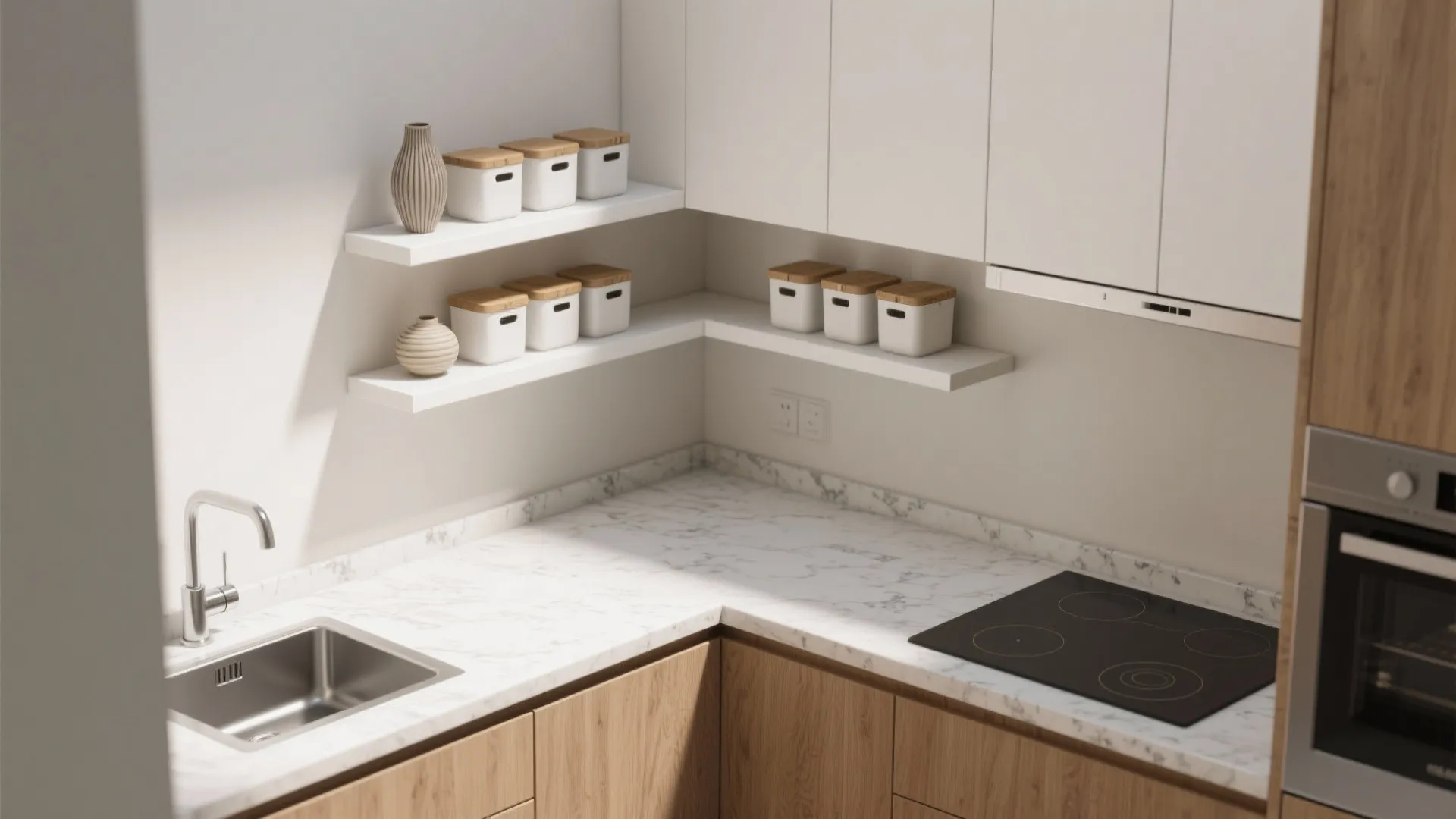 1. Corner L-shaped Layout with Floating Shelves