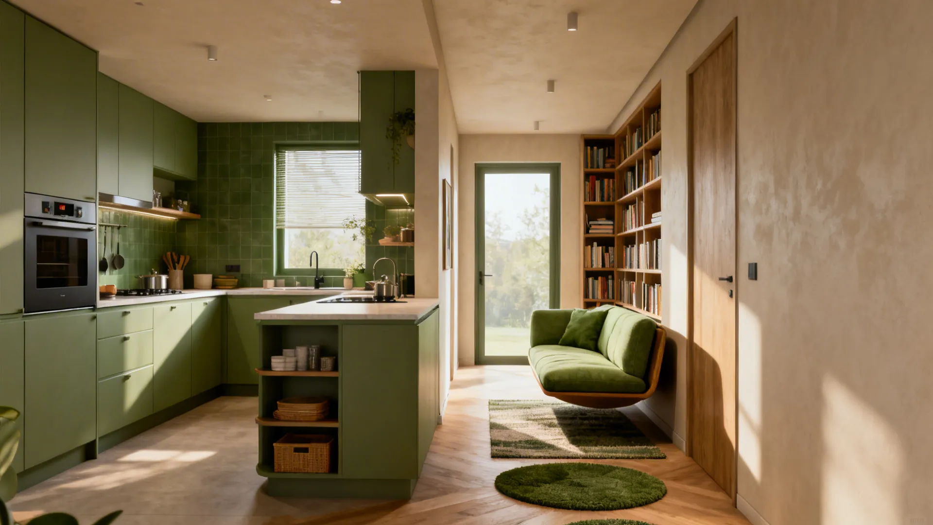 Narrow open-plan with L-shaped kitchen and a floating sofa creating distinct zones.