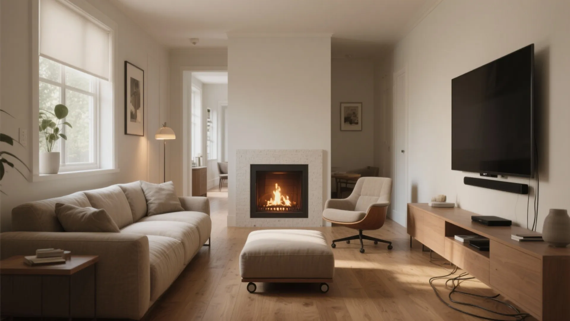 Modern living room featuring a beige sofa footrest fireplace and large television on wood flooring