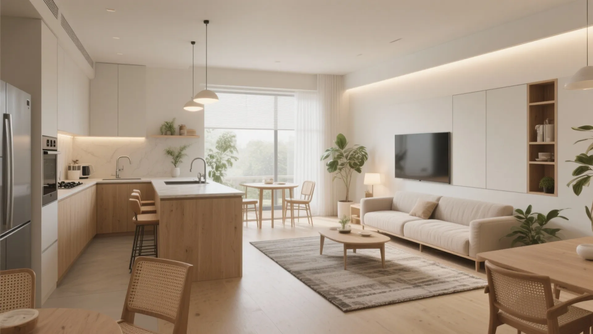 L-shaped living–dining flow that frees counter space