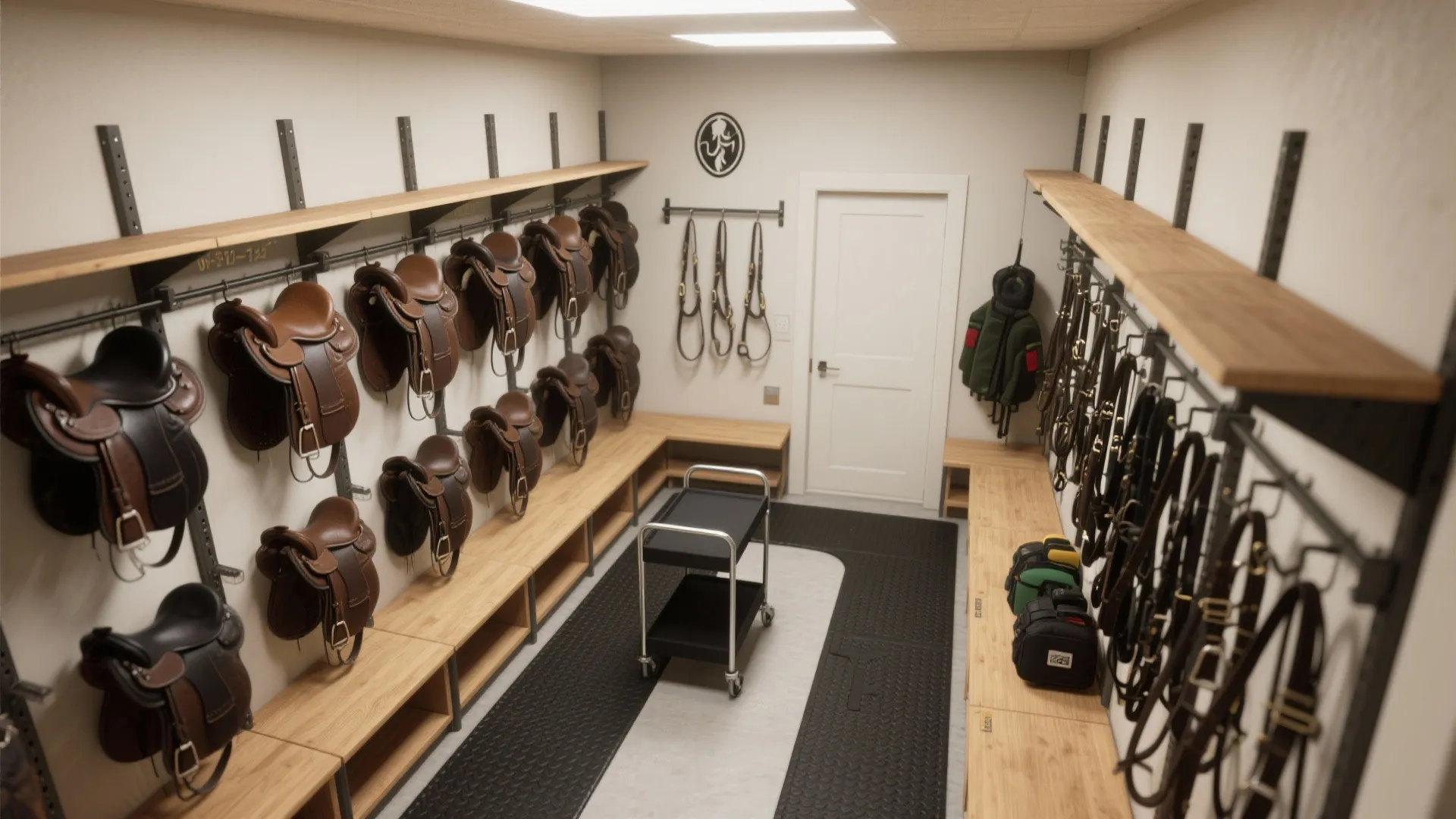 Top-down view of an L-shaped small tack room layout with a clear center aisle and zoned saddle and bridle storage.