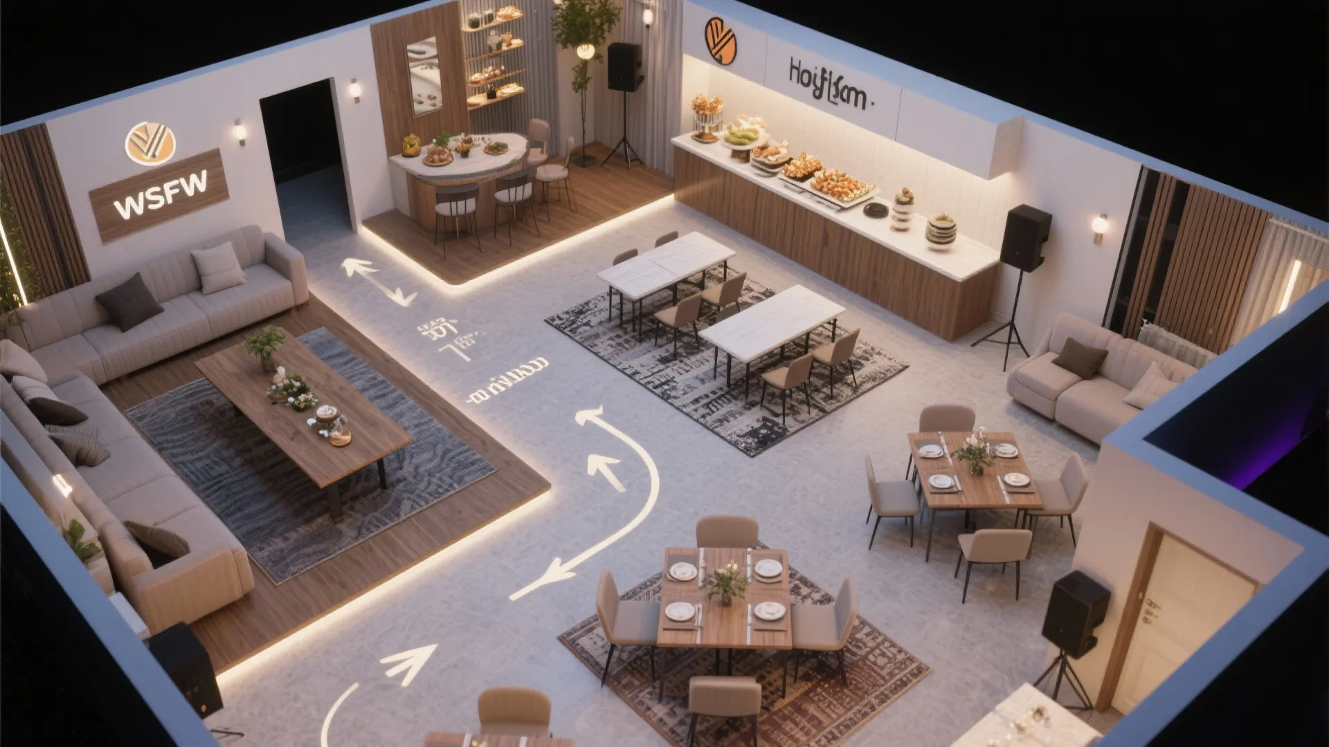 Top-down compact hall plan with L-shaped circulation and clear 90–110 cm aisles.
