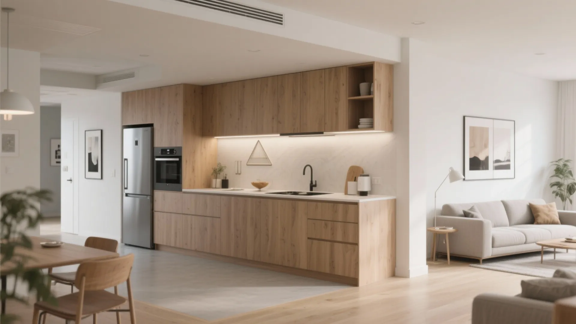 L-shaped kitchen in a hall living space keeps the long wall open for art and media.