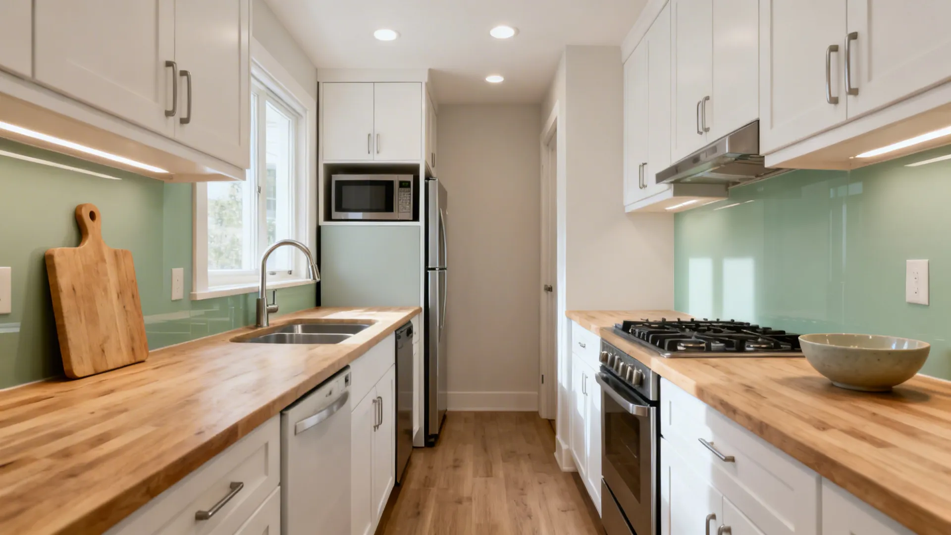 Small L-shaped kitchen with clear work triangle and uncluttered pathways.