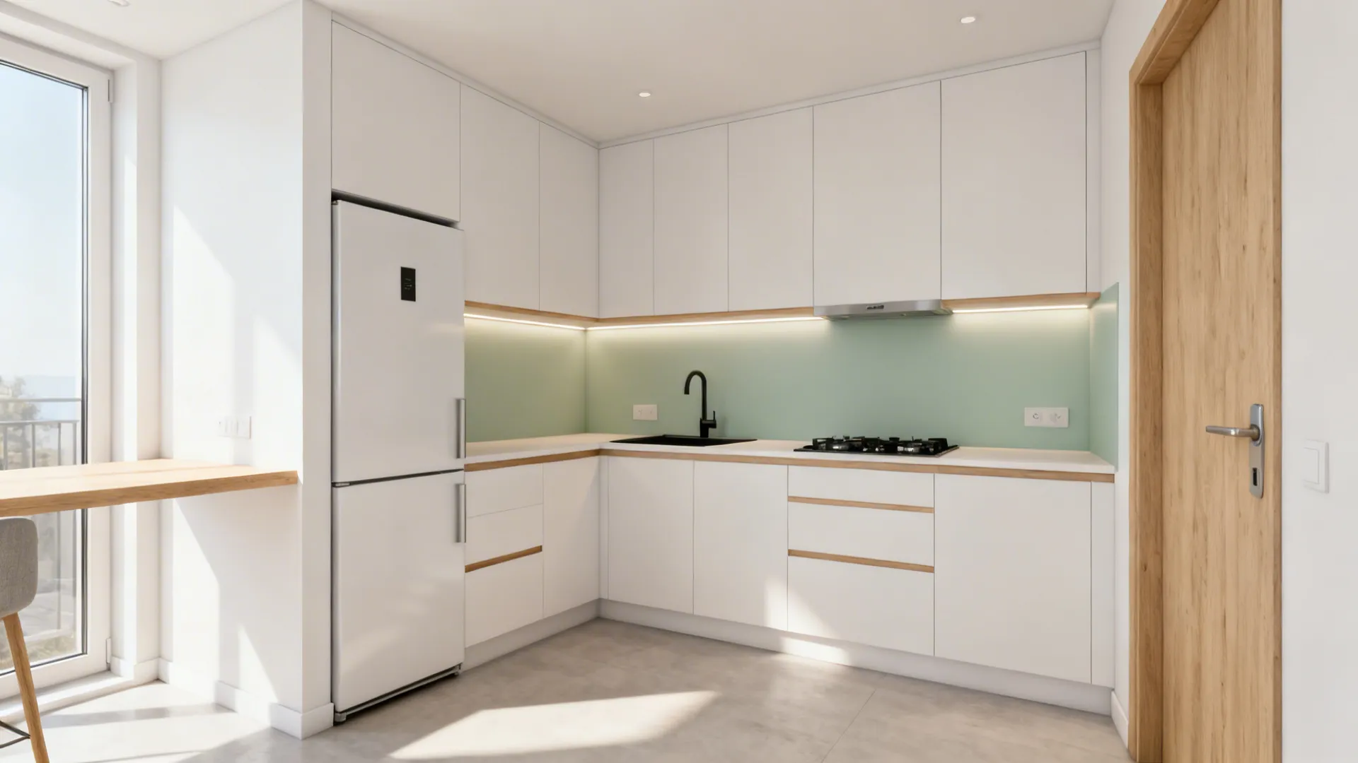 L-shaped small kitchen with clear work triangle and a bright prep corner.