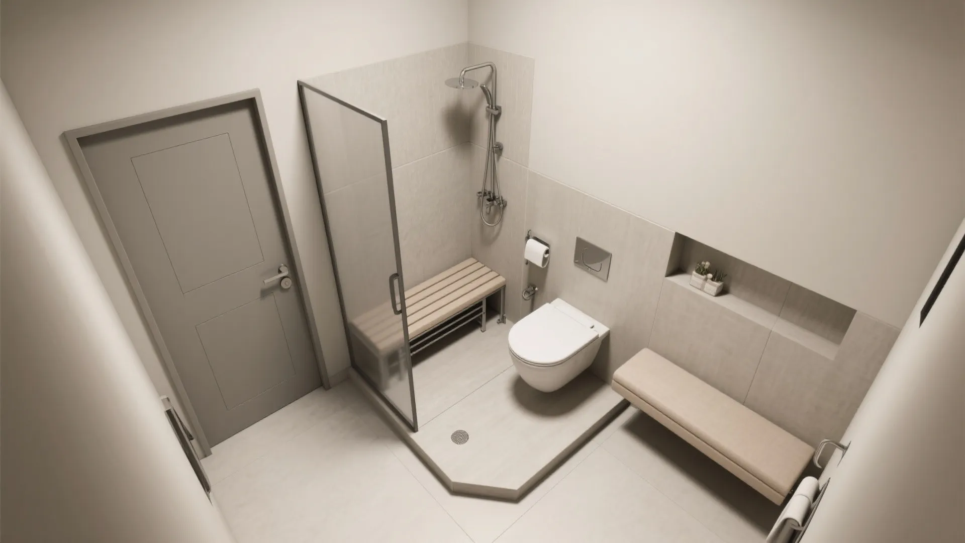 Top-down L-shaped bathroom plan showing clear circulation and seat placement for small spaces.