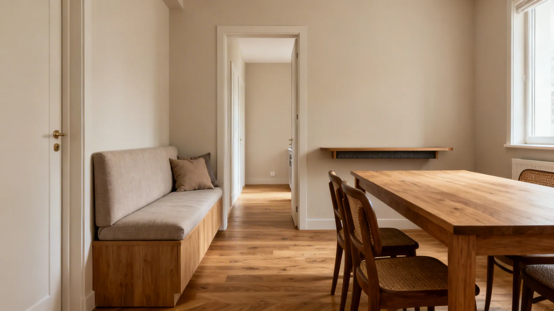 An L-shaped open-plan layout with a sofa backing a dining zone and a space-saving banquette.