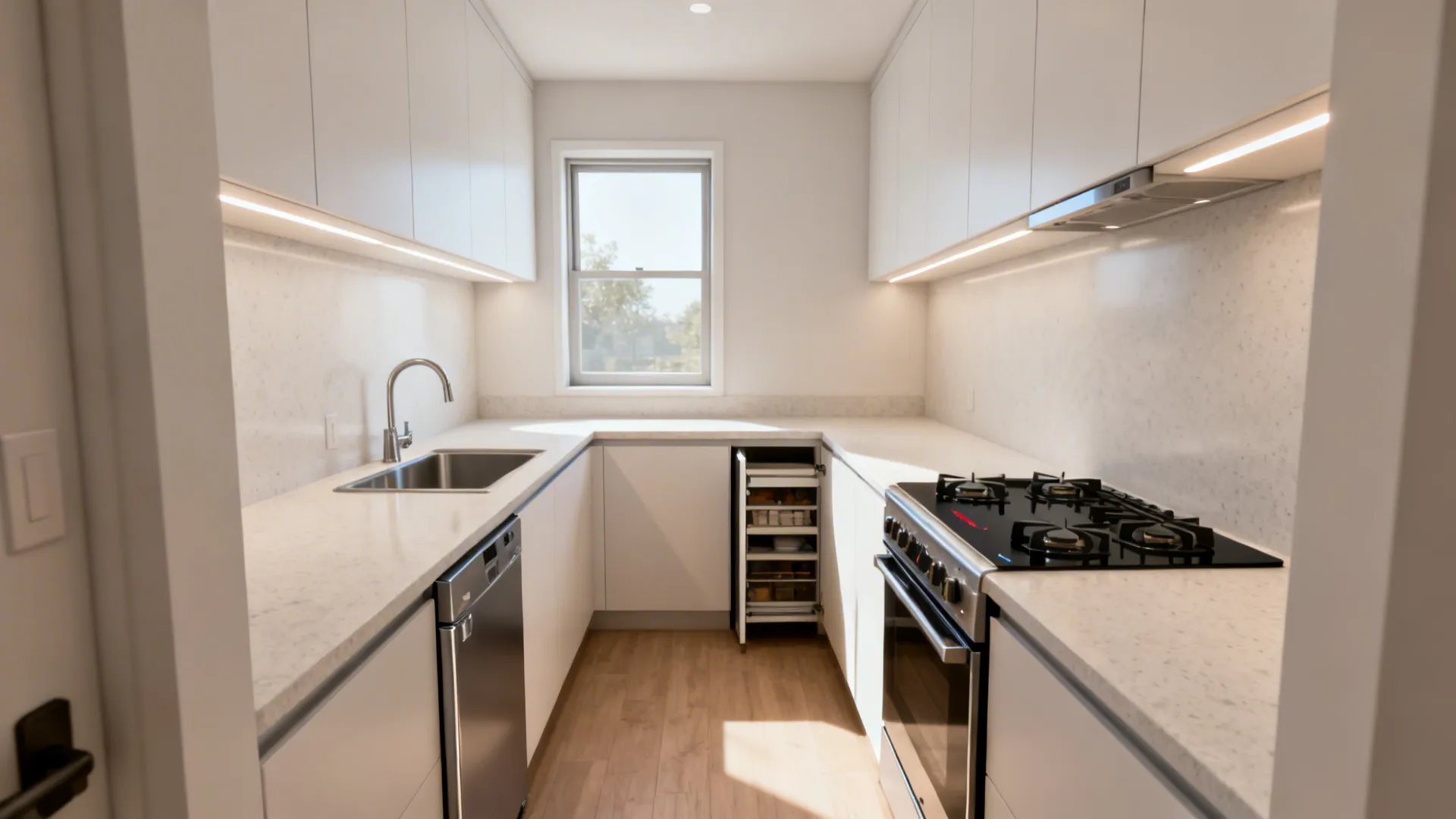L-shaped 6×11 kitchen with sink on the short leg and cooktop on the long run for more prep space