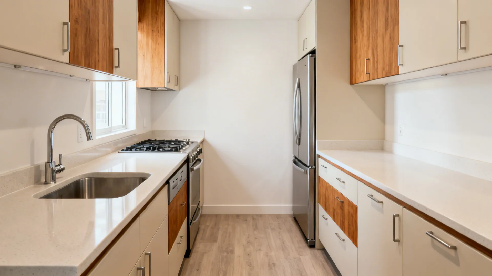 Compact L-shaped kitchen flow