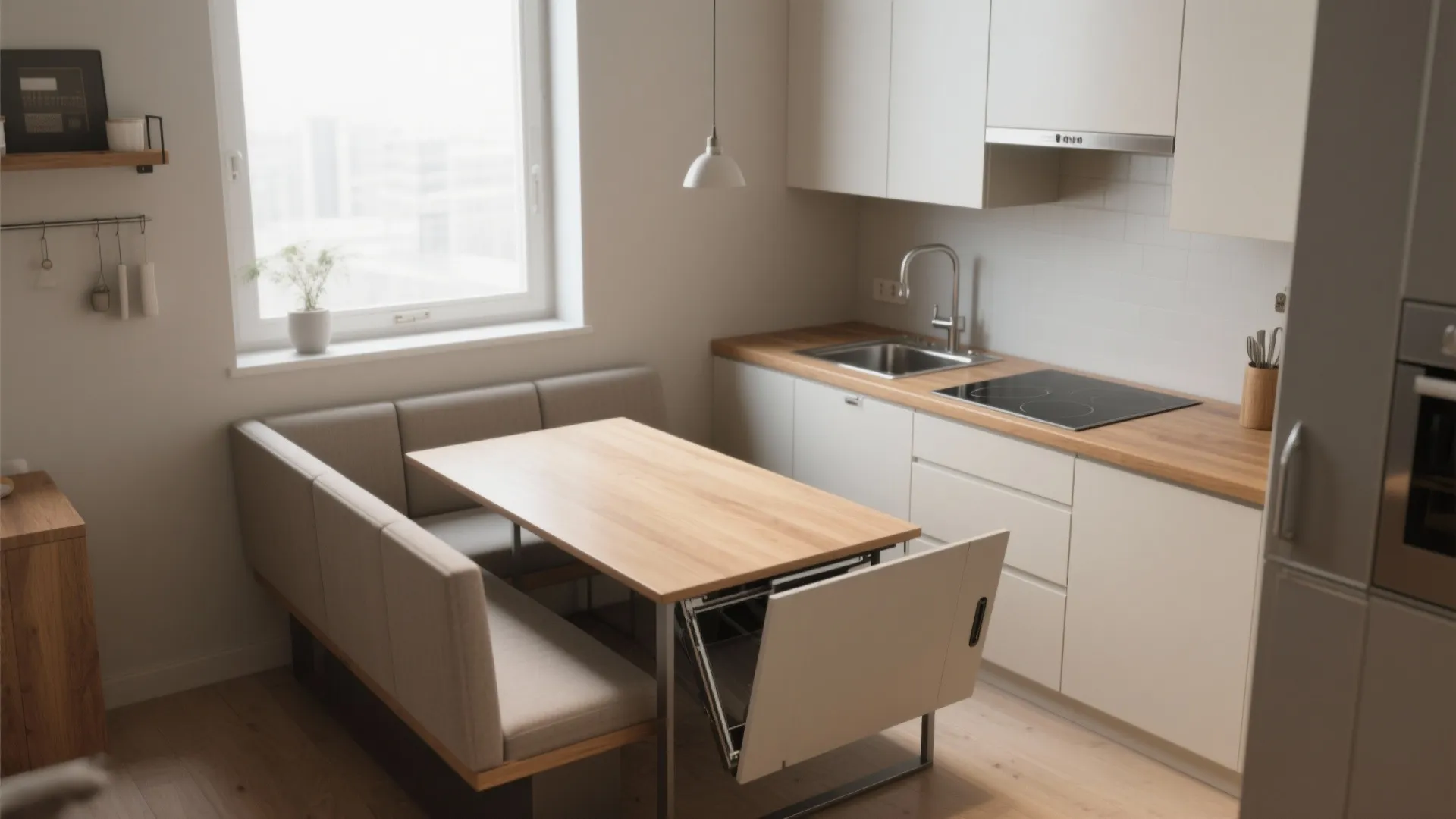 3. L-shaped kitchen with a fold-down table