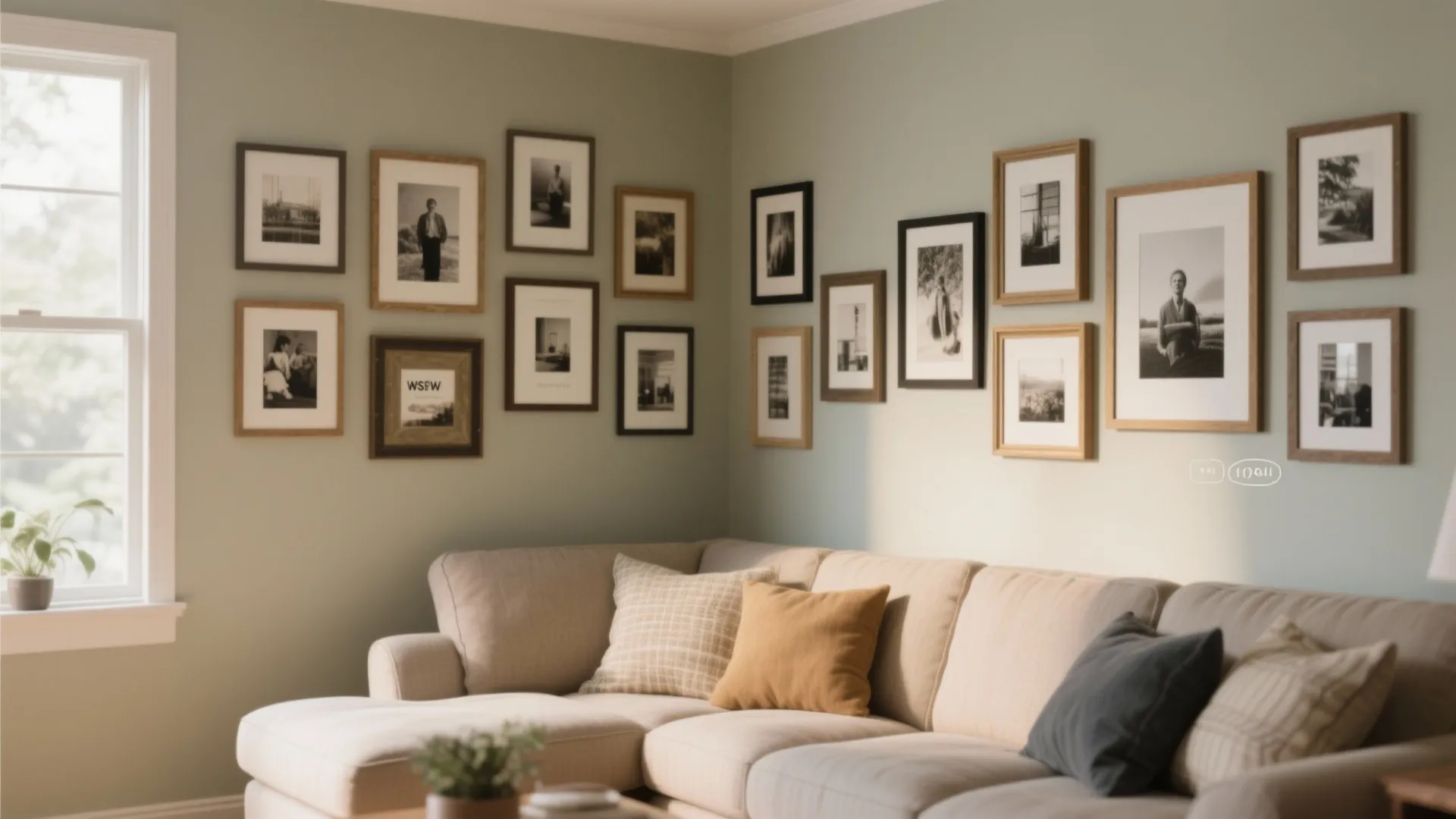 Large sofa in a corner with many small framed pictures on light green painted walls