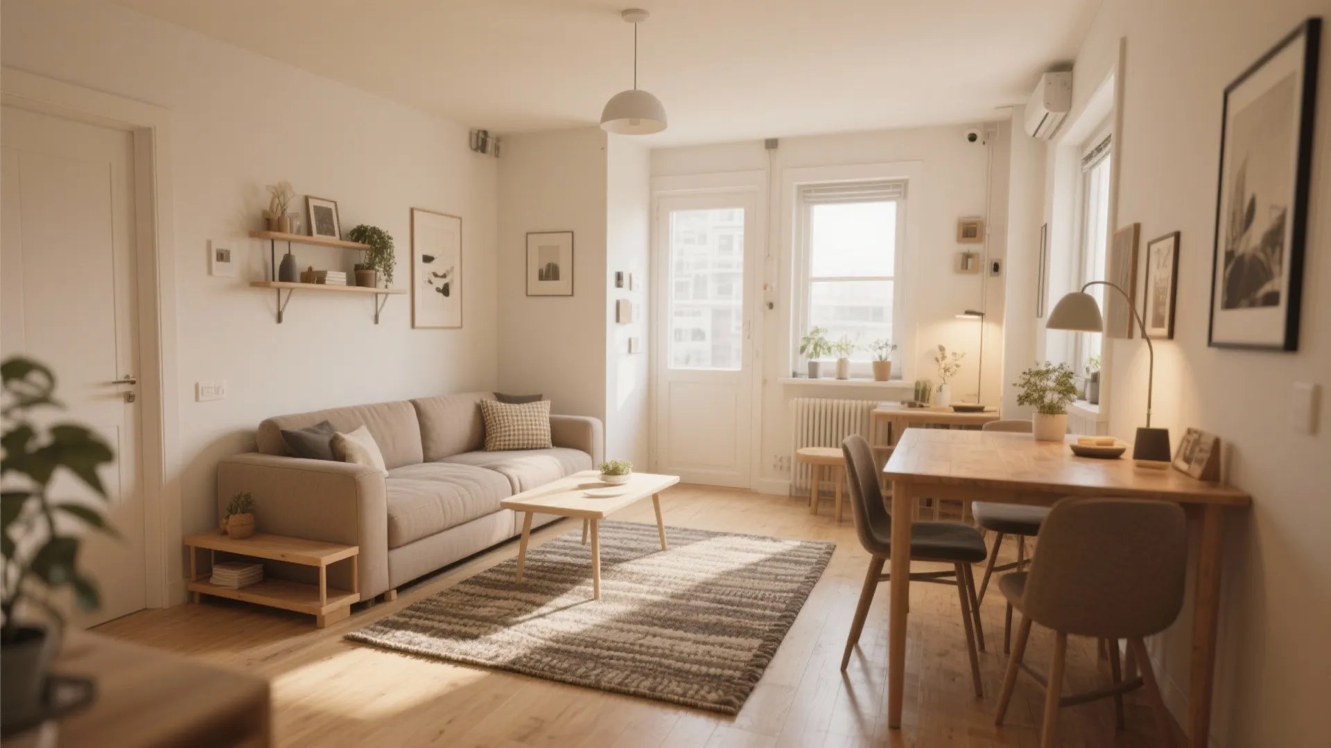 Small living dining room with L-shaped sofa and bench seating
